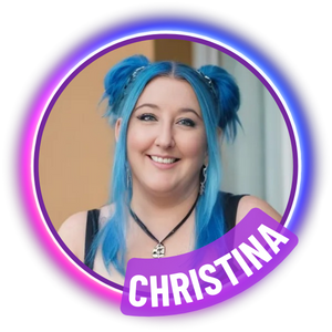 Christina Hooper — a smiling woman with long bright-blue hair in high pigtails and glasses, in a black top, inside a glowing pink-and-violet ring with her first name on a violet banner.