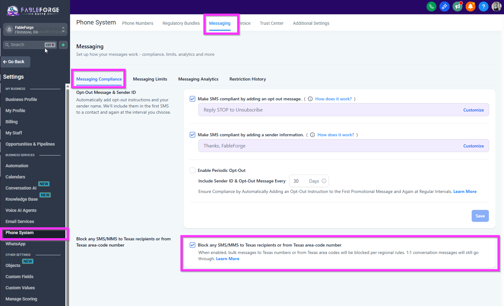 The FableForge Phone System settings, Messaging tab, Messaging Compliance section, with the checkbox “Block any SMS/MMS to Texas recipients or from Texas area-code number” ticked.