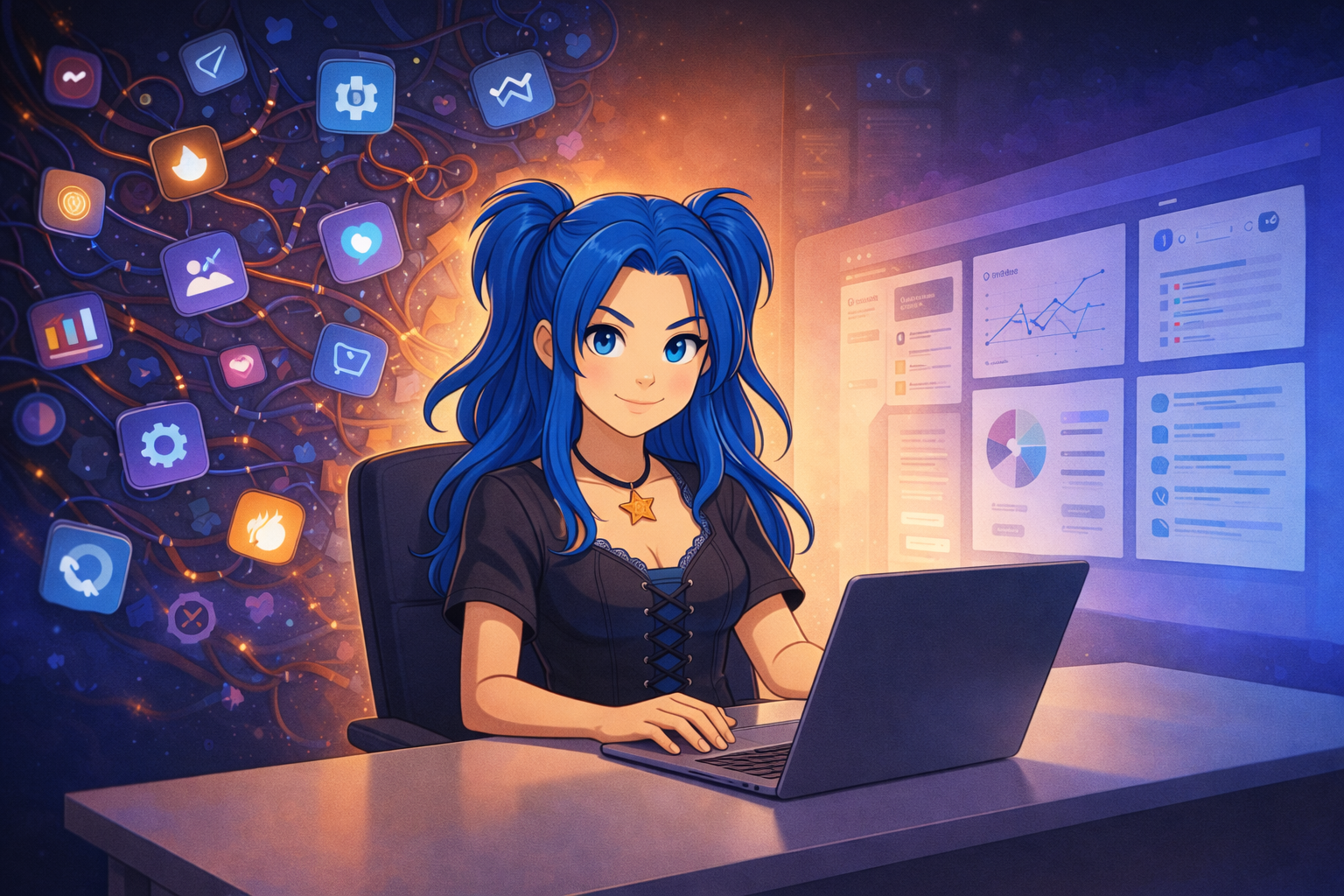 Blue-haired entrepreneur at laptop comparing thrive themes to fableforge