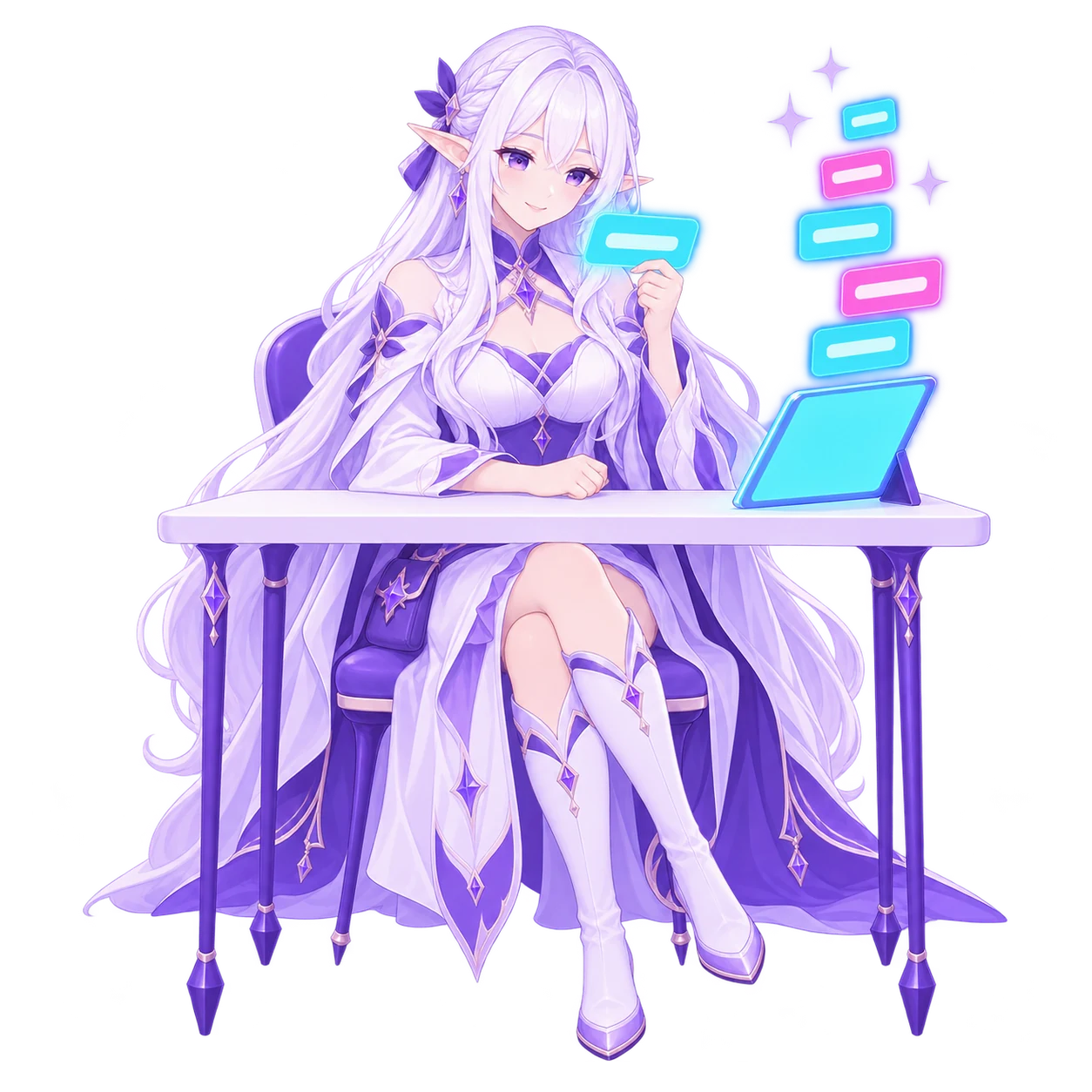 The FableForge client manager seated at a small desk reading one glowing message card, a stack of cyan and pink message cards rising from the tablet propped beside her.