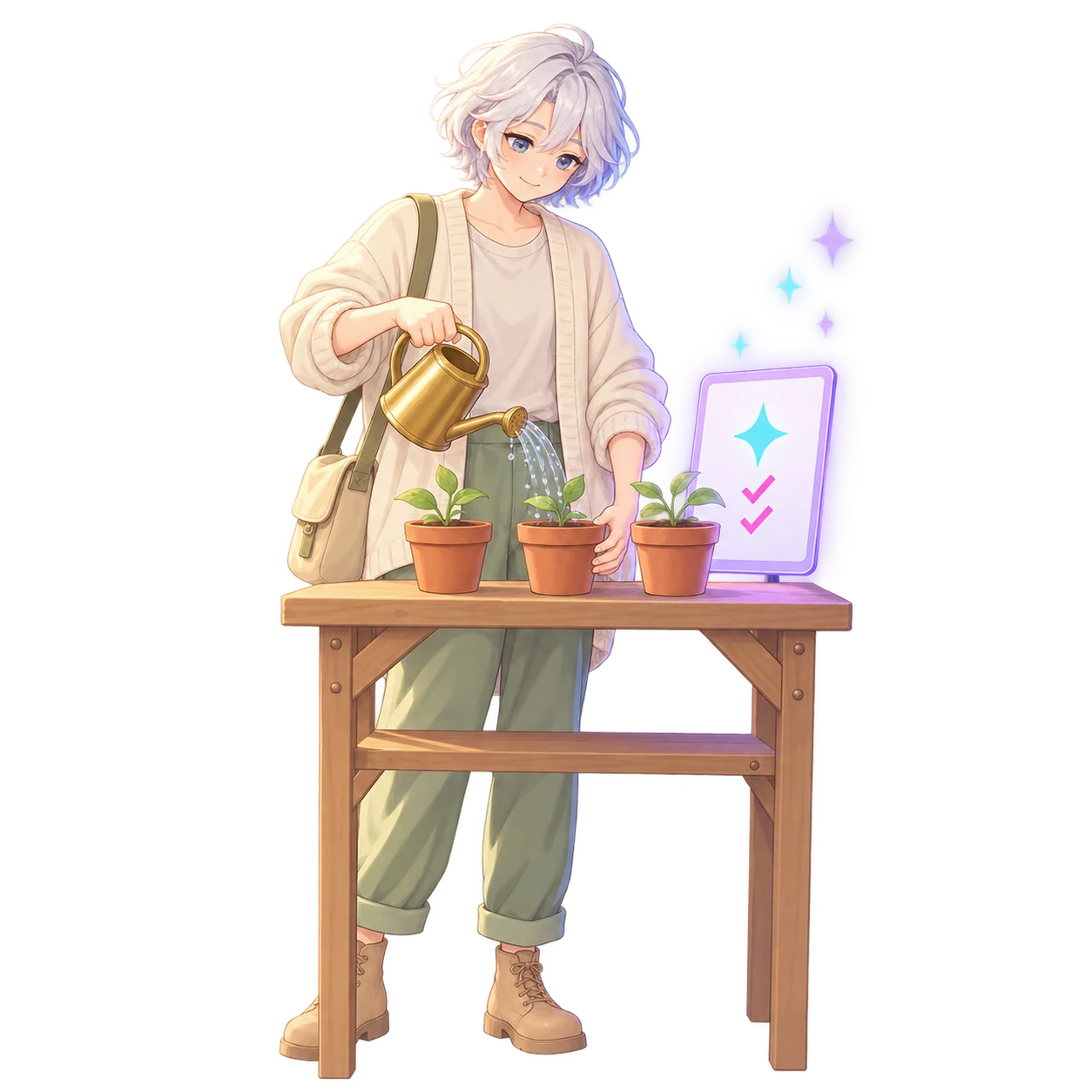 A small-business owner watering seedlings at a potting bench while a glowing screen behind them shows a finished job ticked off.