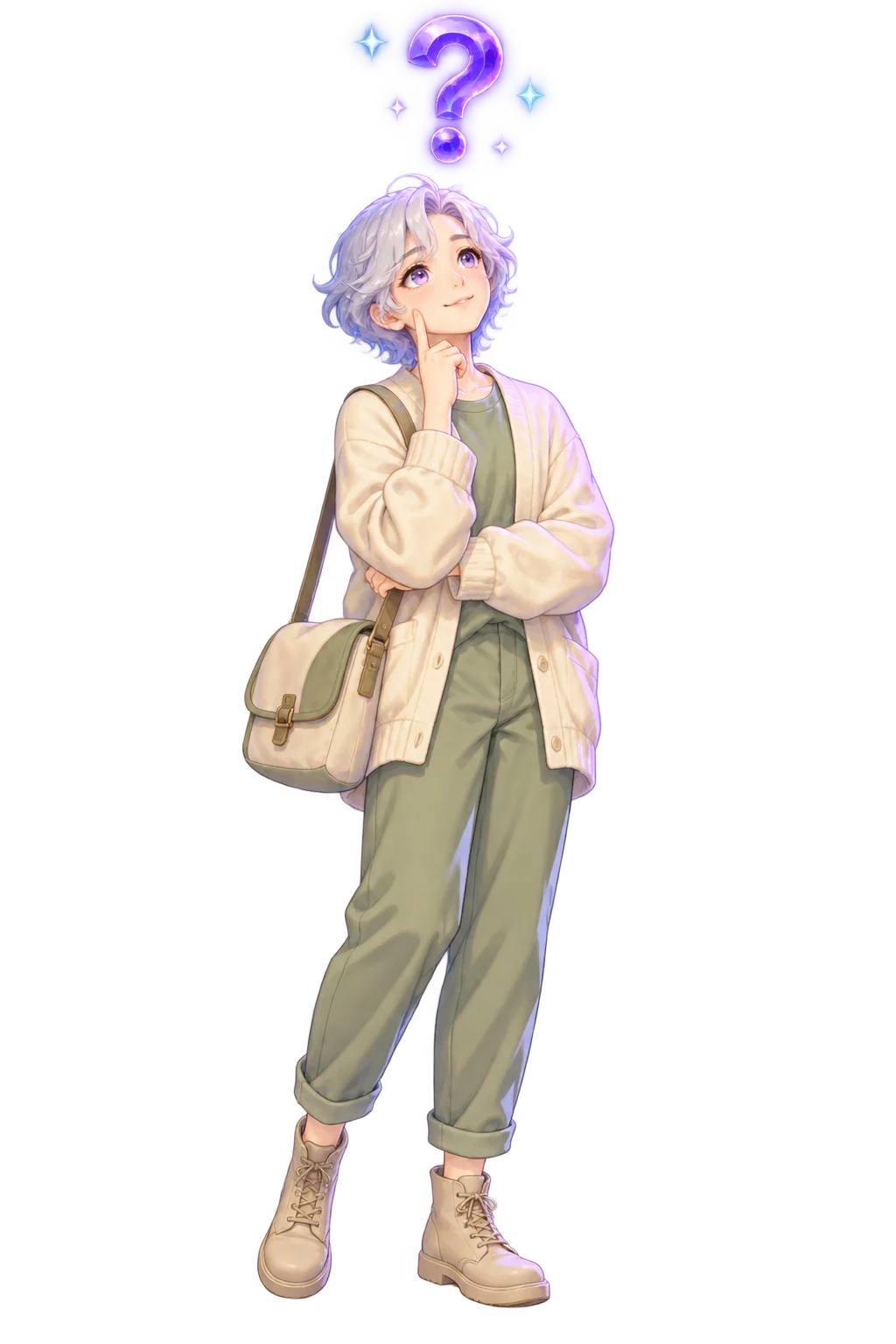 A small-business owner in a cream cardigan, finger to chin, looking up at a floating violet question mark.