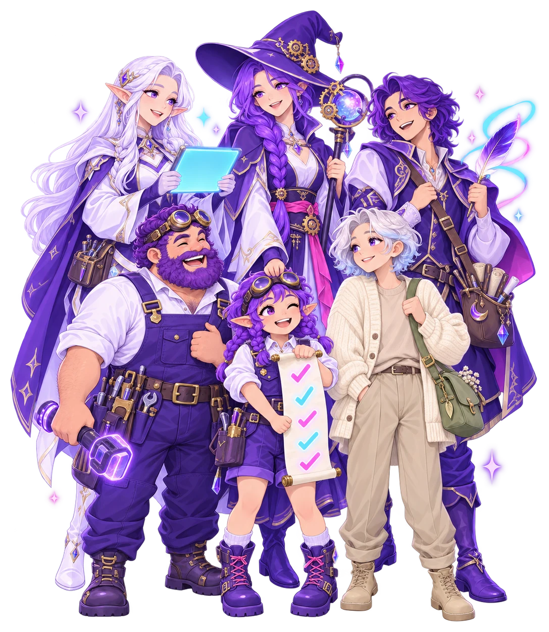 Illustration of the FableForge crew gathered around a small-business owner in a cream cardigan — the elf with her tablet, the halfling with her scroll, the builder, the mage, and the bard — all smiling, glowing cards and a checklist in their hands.