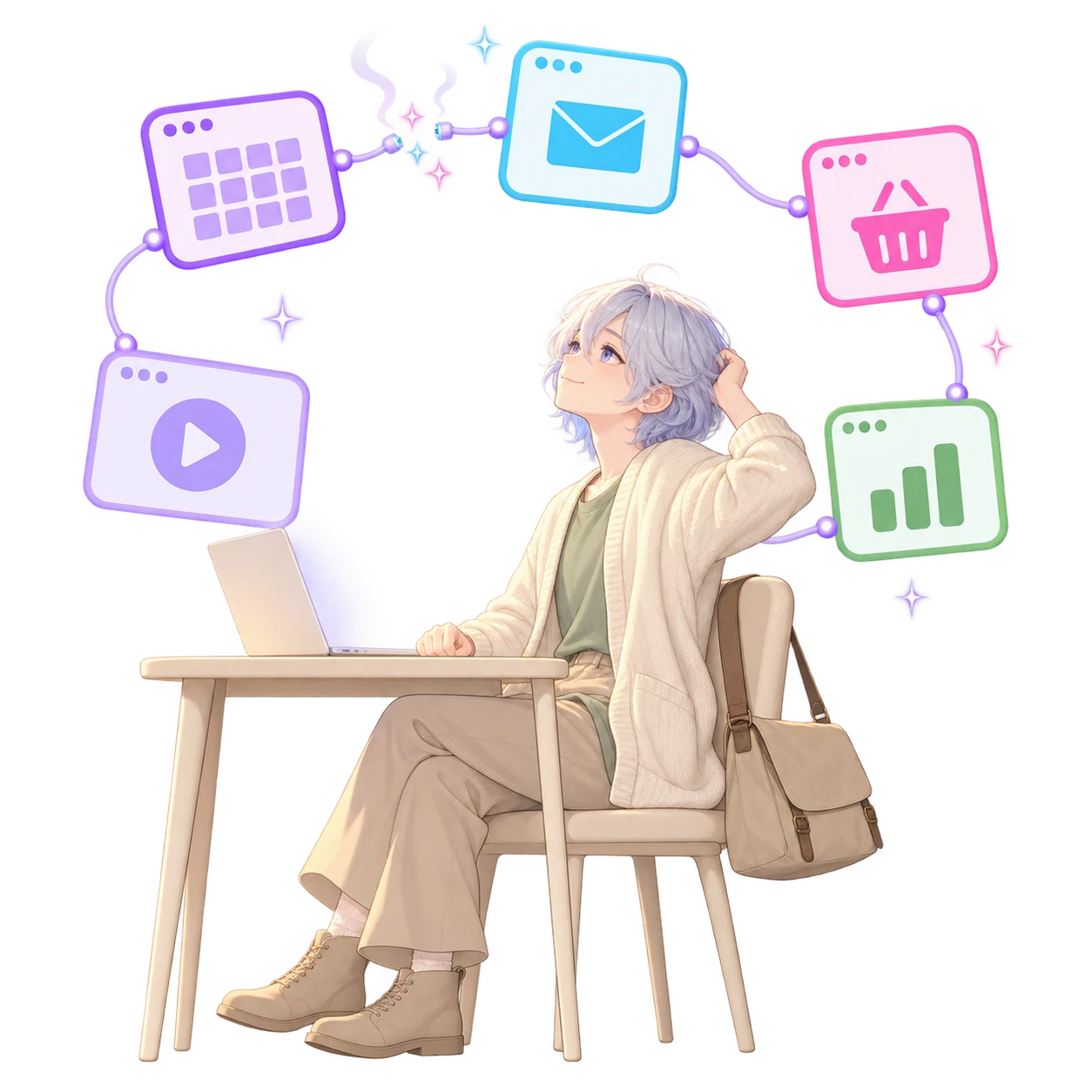 A small-business owner leaning back at a desk while five mismatched app windows float around them chained together by wires, the wire between the calendar and the inbox broken and smoking.