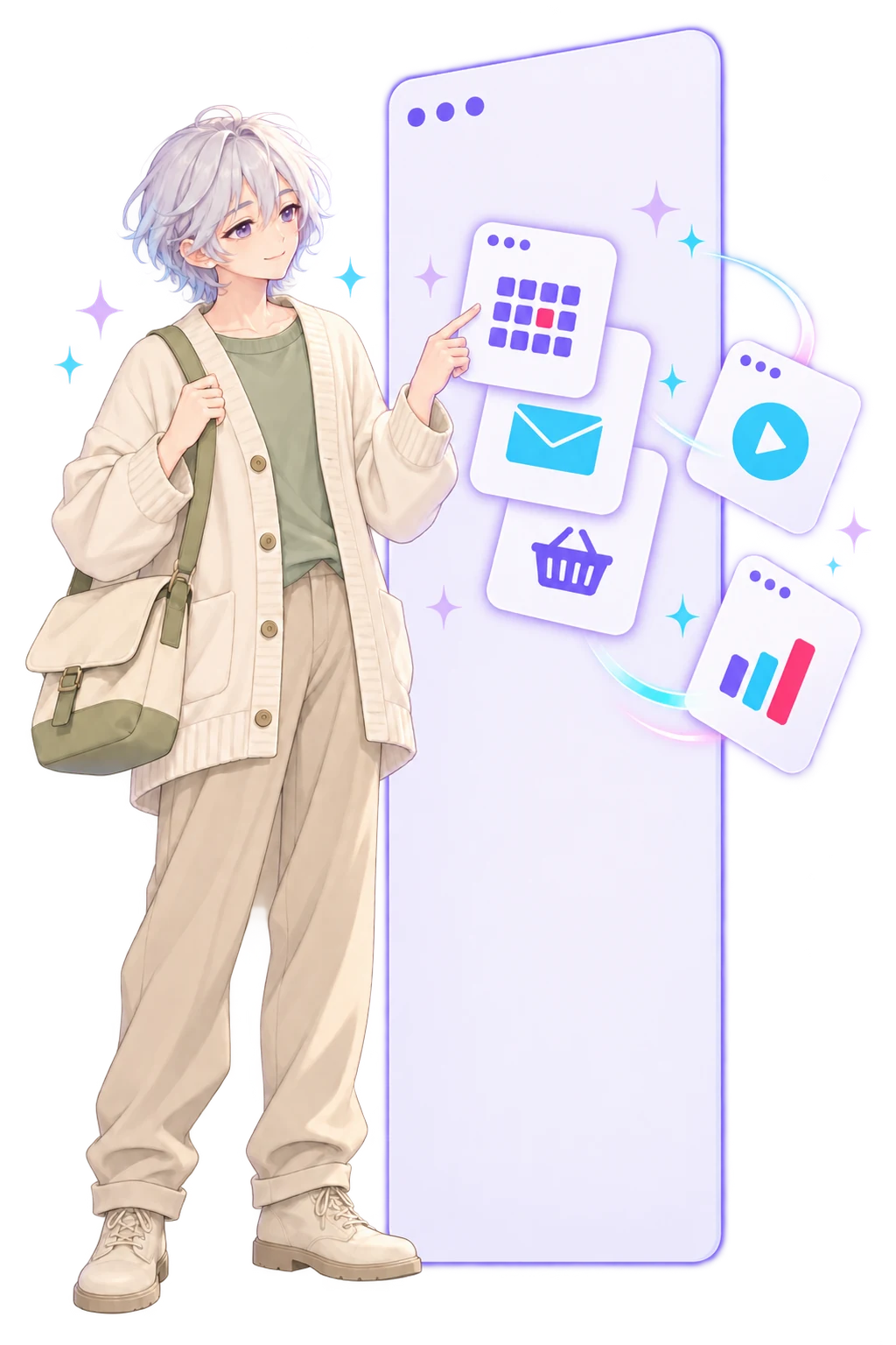 A small-business owner touching one tall glowing browser window, three small app cards already settled on its face and two more sliding in to join them.