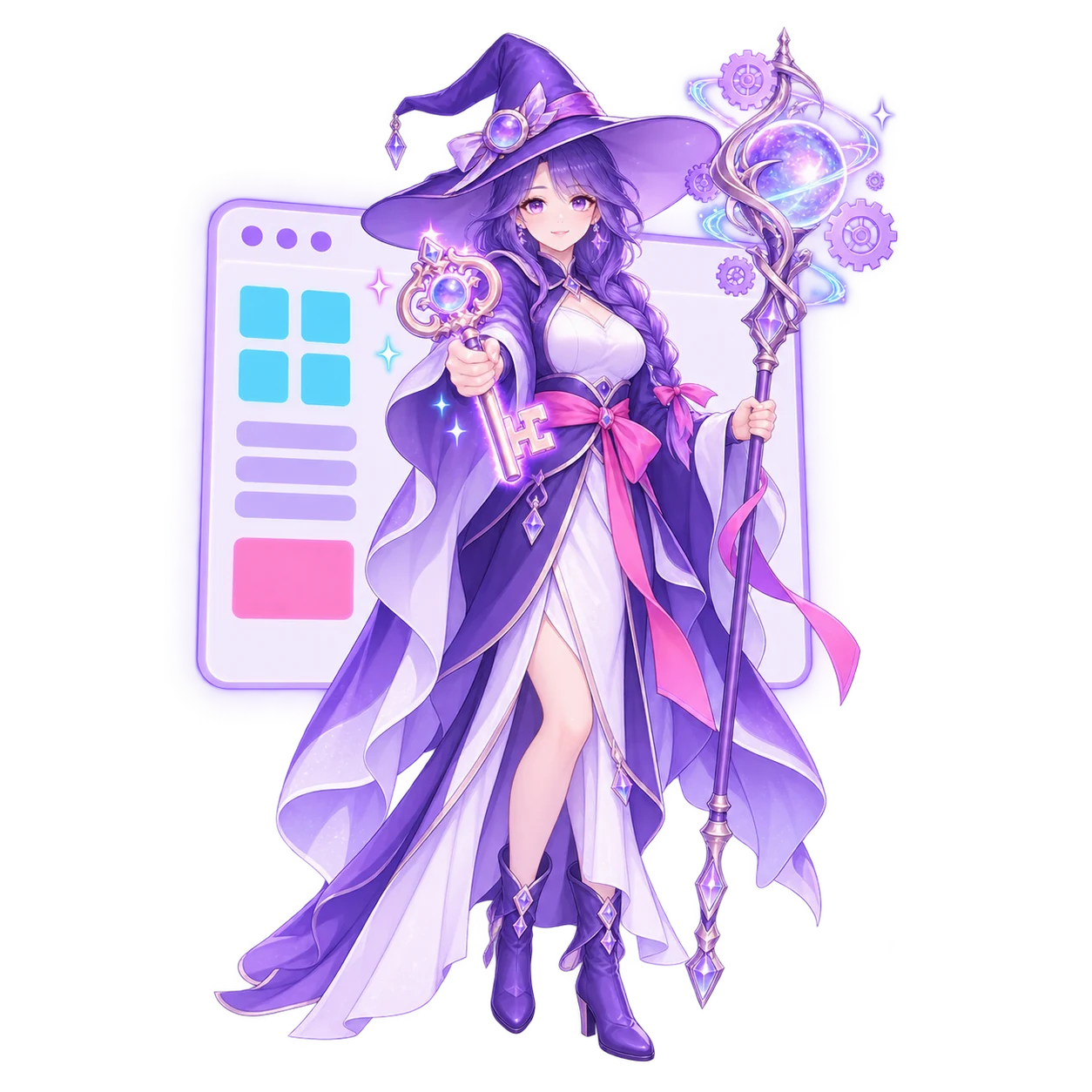 The FableForge automation mage holding out a large glowing key, a browser-window panel full of blocks and cards standing behind her.