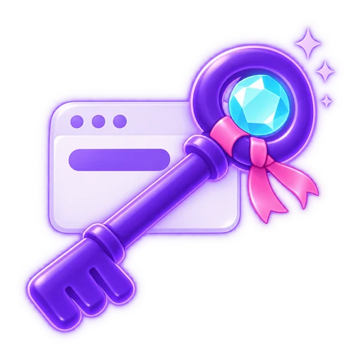 A large deep-violet key with a cyan gem in its bow and a pink ribbon, lying across a small browser window.