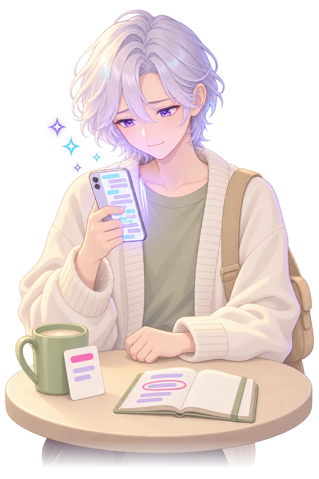 A small-business owner at a kitchen table scrolling a long message thread on their phone, an open notebook with one line circled and a small note card propped against a mug beside it.