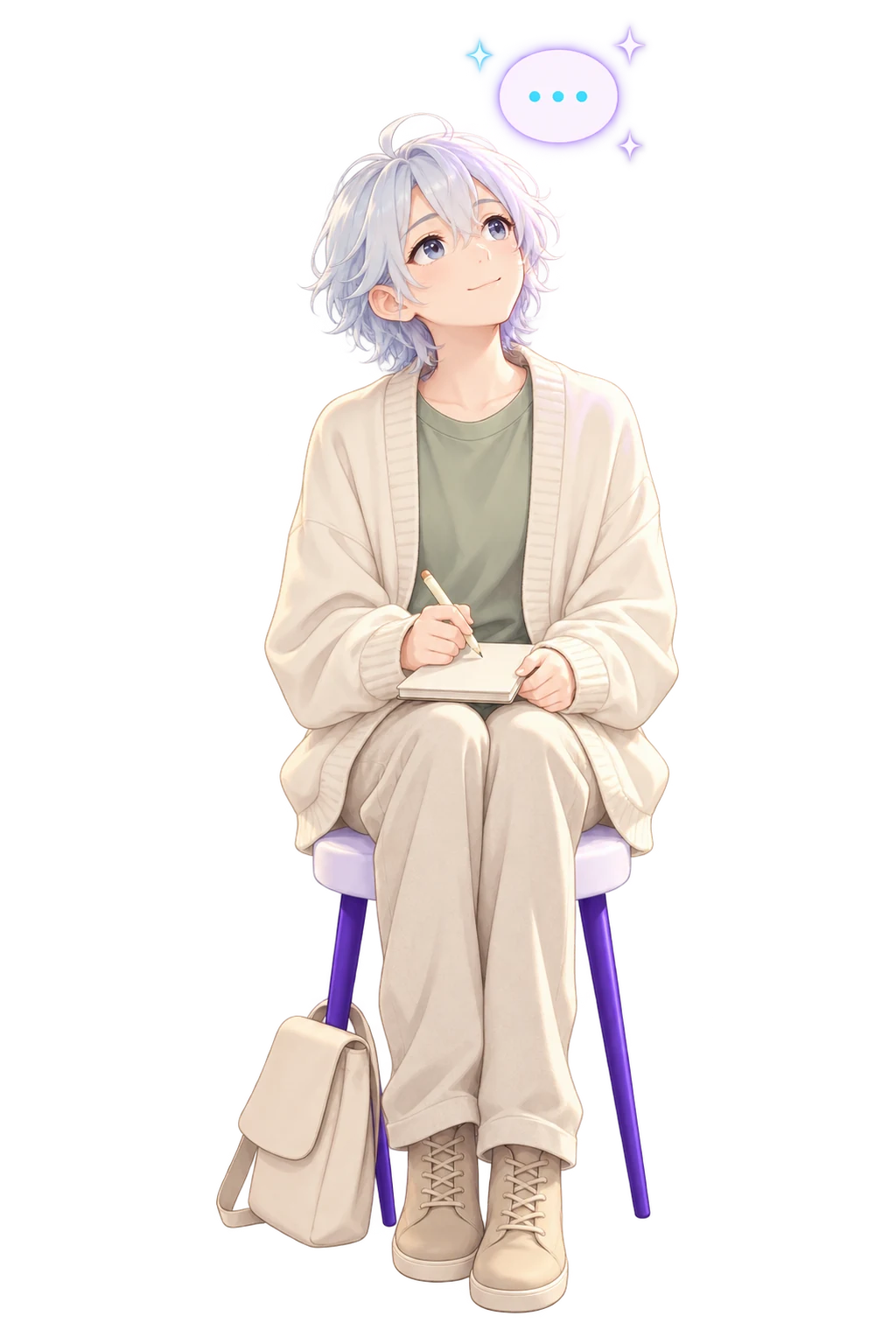 A small-business owner in a cream cardigan sitting on a stool with a notebook on one knee, pencil in hand, looking up at a small floating speech bubble.