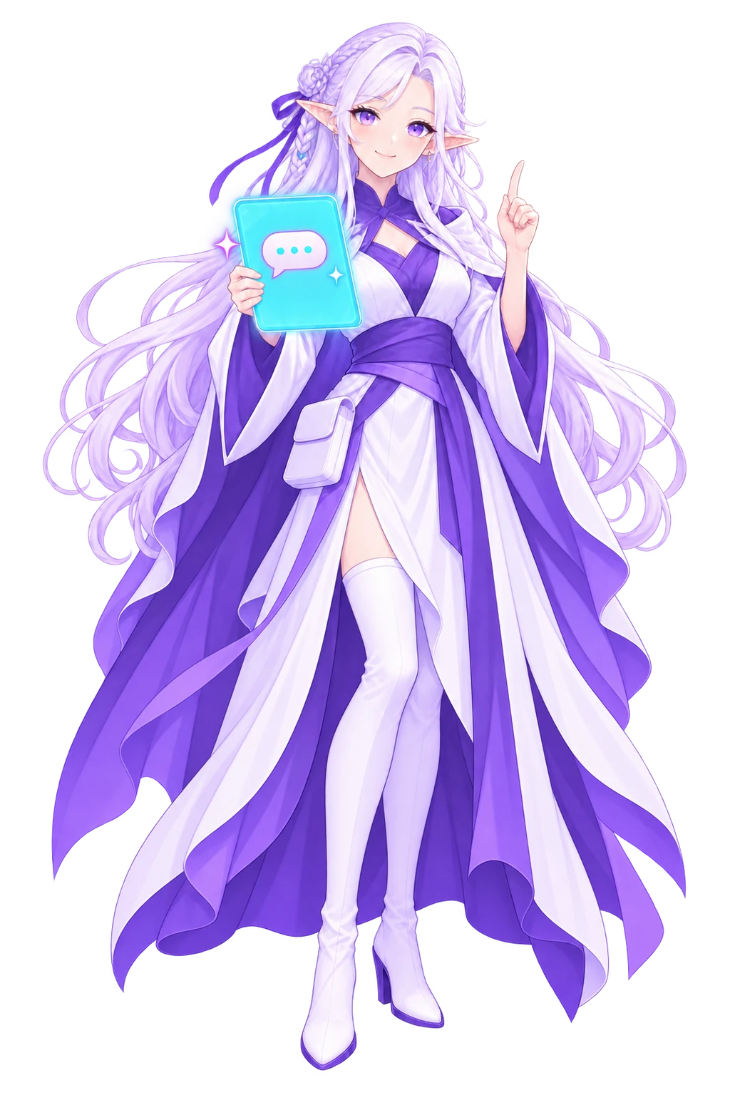 The FableForge client manager holding out a glowing tablet showing one speech bubble, her other hand raised to make one point.