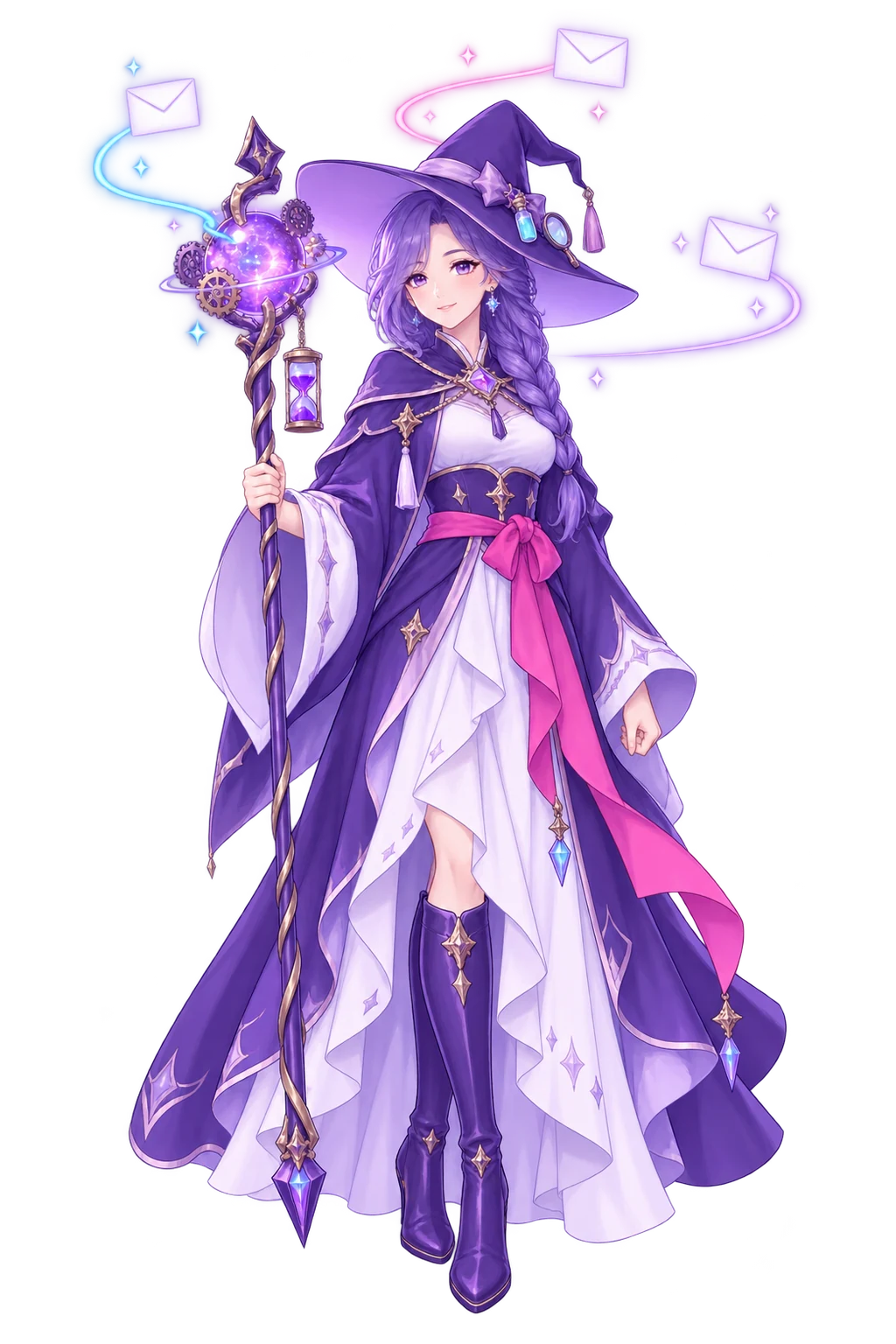 The FableForge automation mage with her staff planted beside her, three small envelopes leaving its orb on three separate ribbons of light, a small hourglass hanging below the orb.