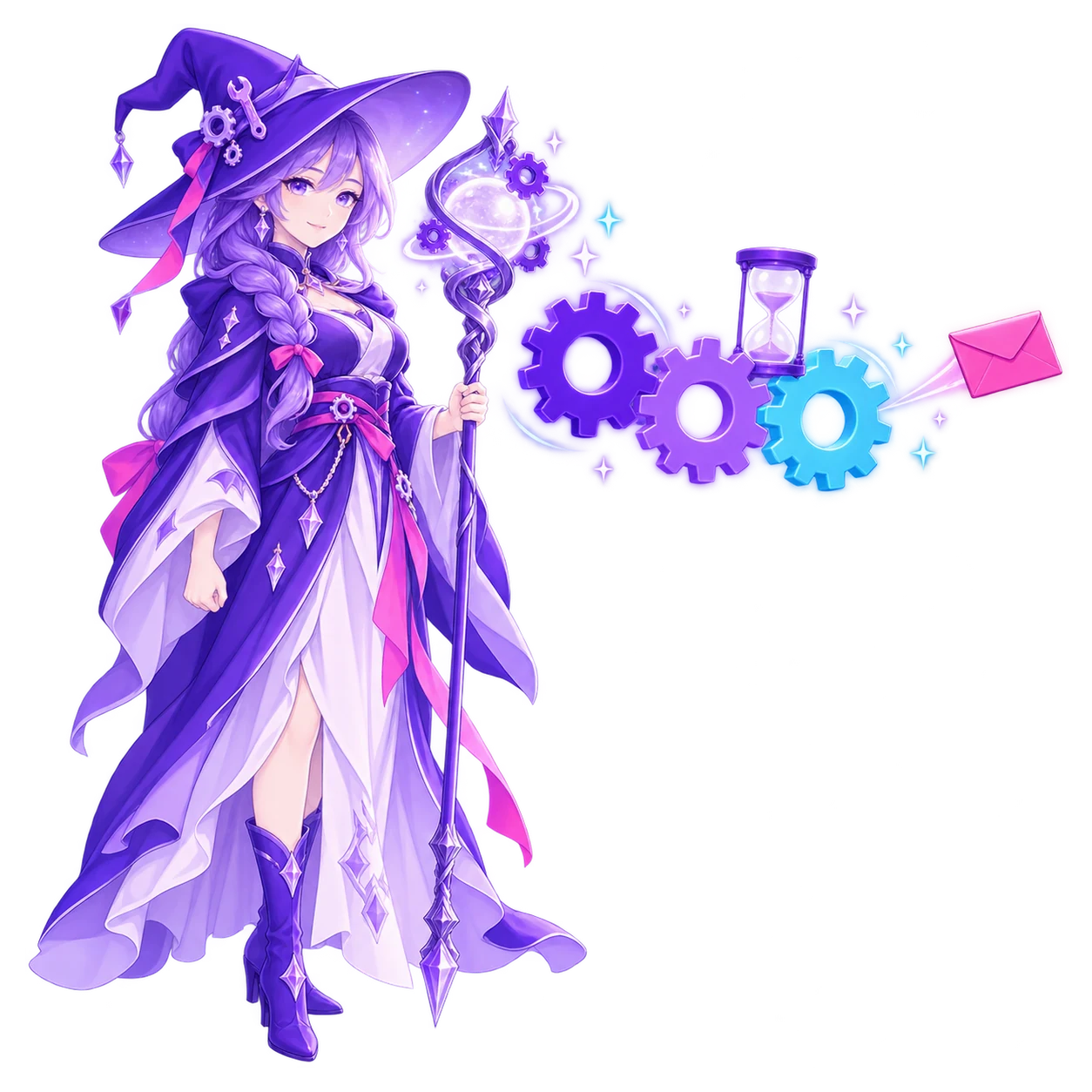 The FableForge automation mage touching her staff to the first of three floating cogs, an hourglass set between two of them and a pink envelope gliding away from the last on its own.