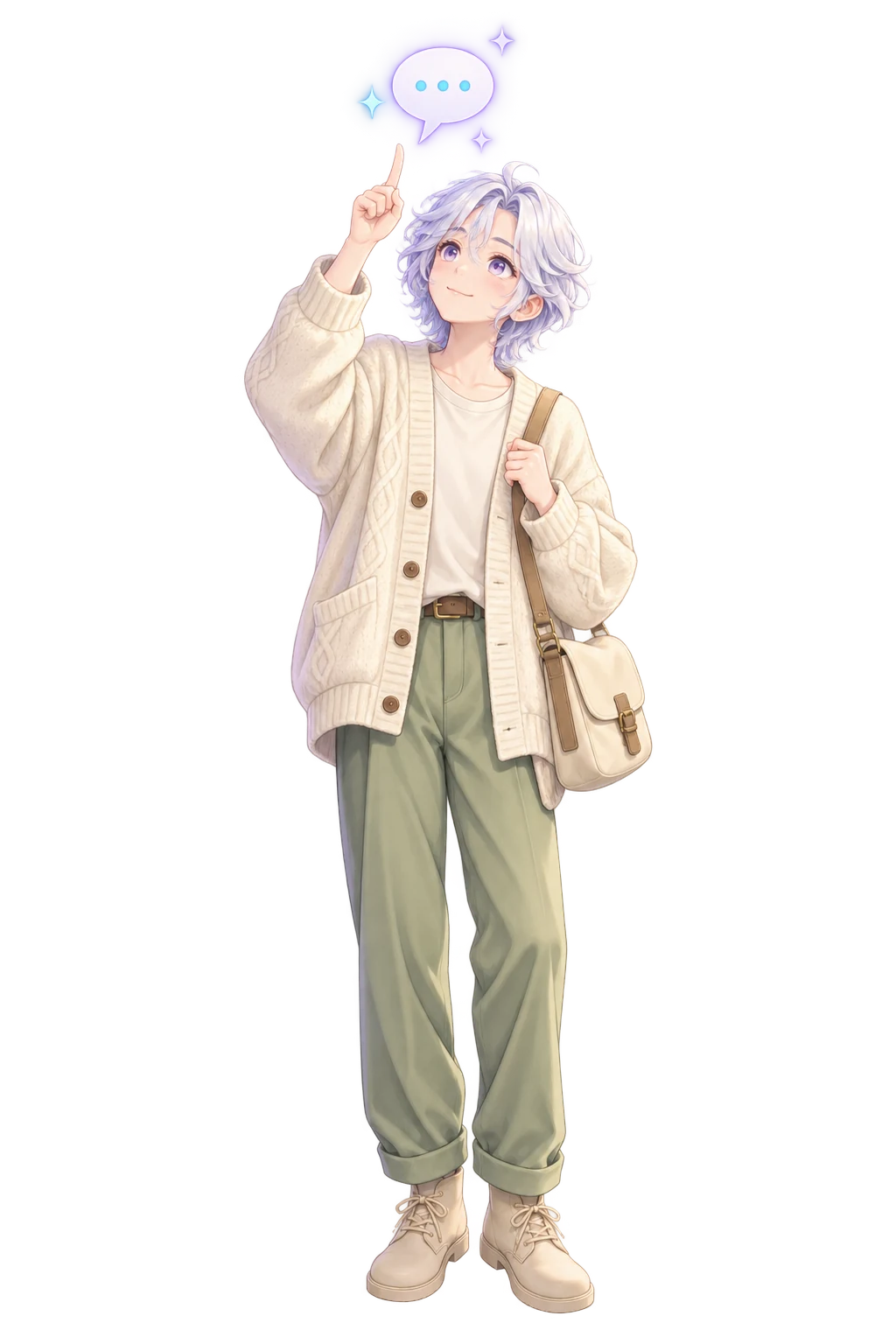 A small-business owner in a cream cardigan with one finger raised, looking up at a small floating speech bubble.