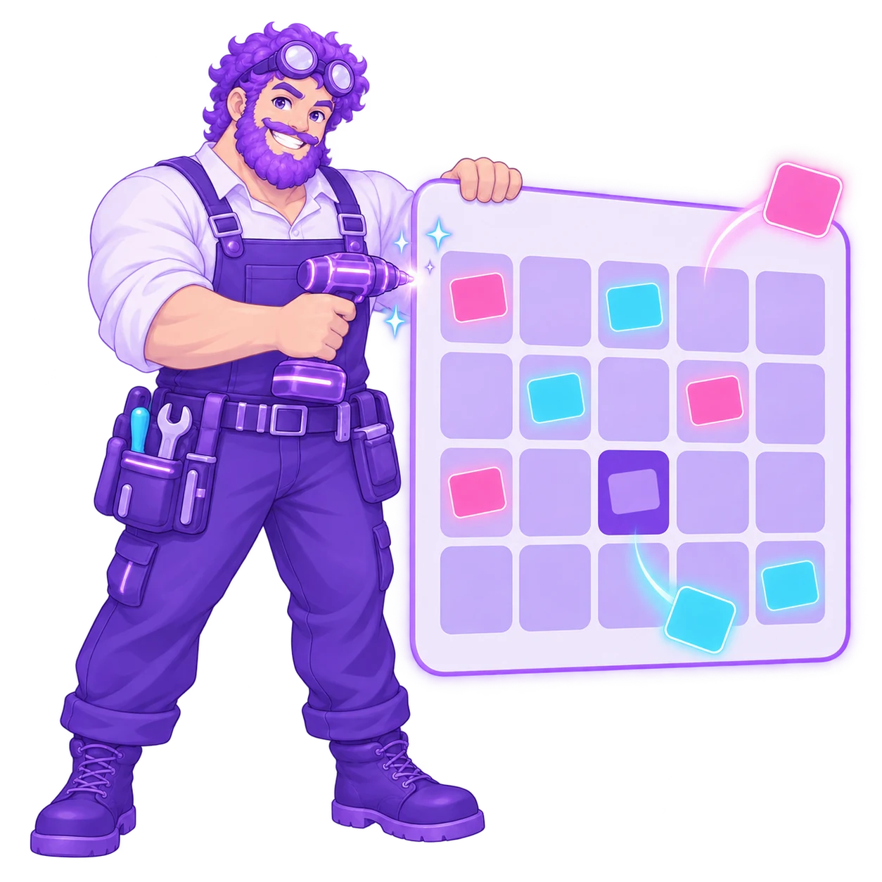 The FableForge builder fastening a large glowing calendar panel into place, its squares filling with pink and cyan booking cards and one taken square gone dim.