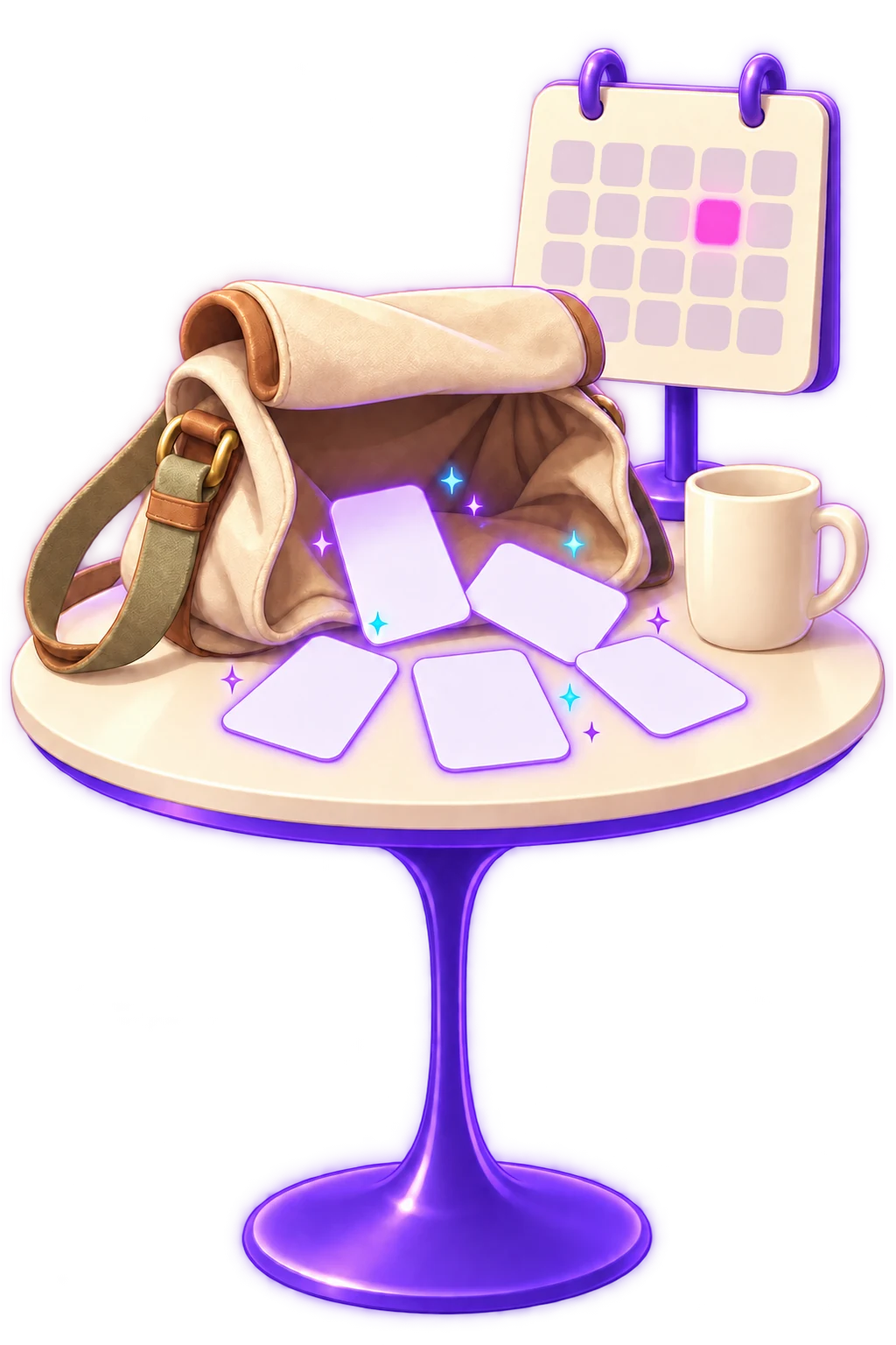 An open canvas satchel on a kitchen table with five blank business cards spilling out of it, a wall calendar behind with one square glowing pink.