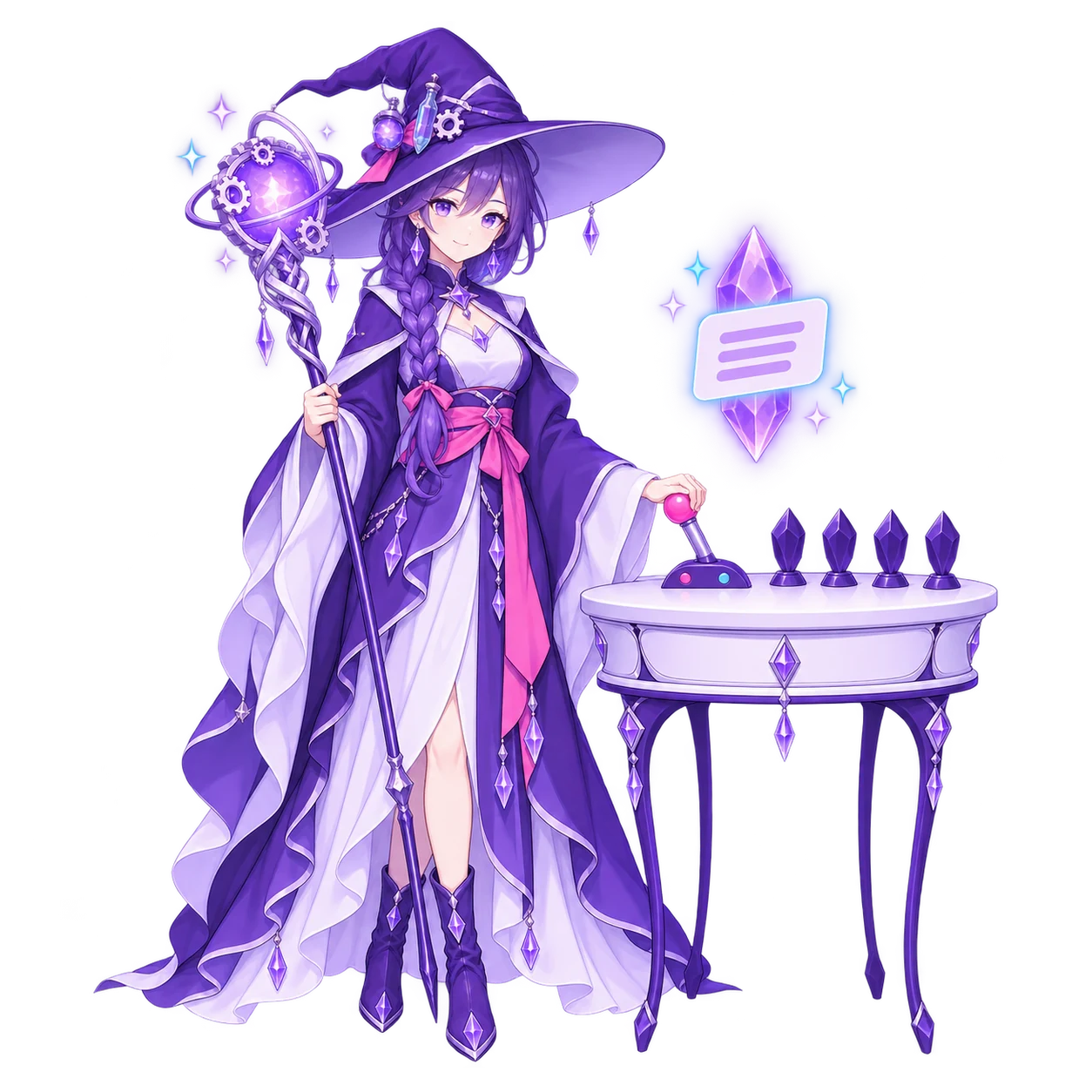 The FableForge automation mage at a small desk with one hand on a two-position lever set to its first position, one lit crystal holding a drafted reply and four dark crystals in a row behind it.