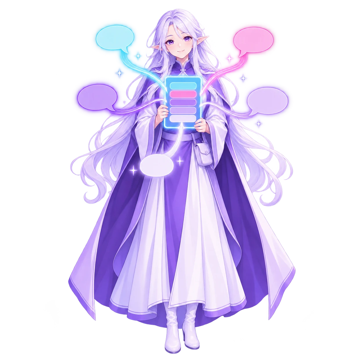 The FableForge client manager holding her tablet while five coloured ribbons of light curve in from every side and land as one list of five message cards on its screen.