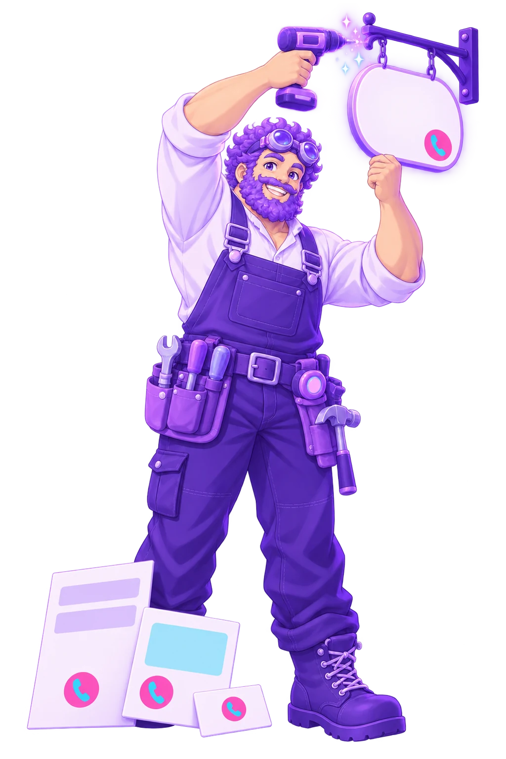 The FableForge builder fixing a shop sign that carries a small pink handset badge, the same badge on an invoice, a post card and a business card stacked at his boots.