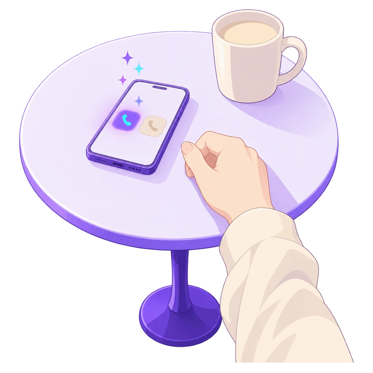One phone lying on a small cafe table, its screen showing a glowing violet number badge beside a plain oatmeal one, a hand in a cream cardigan sleeve resting next to it.