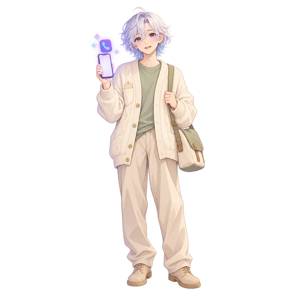 A small-business owner holding up their one phone, a glowing violet number badge with a handset mark floating beside the screen and a plain oatmeal badge tucked into their cardigan pocket.