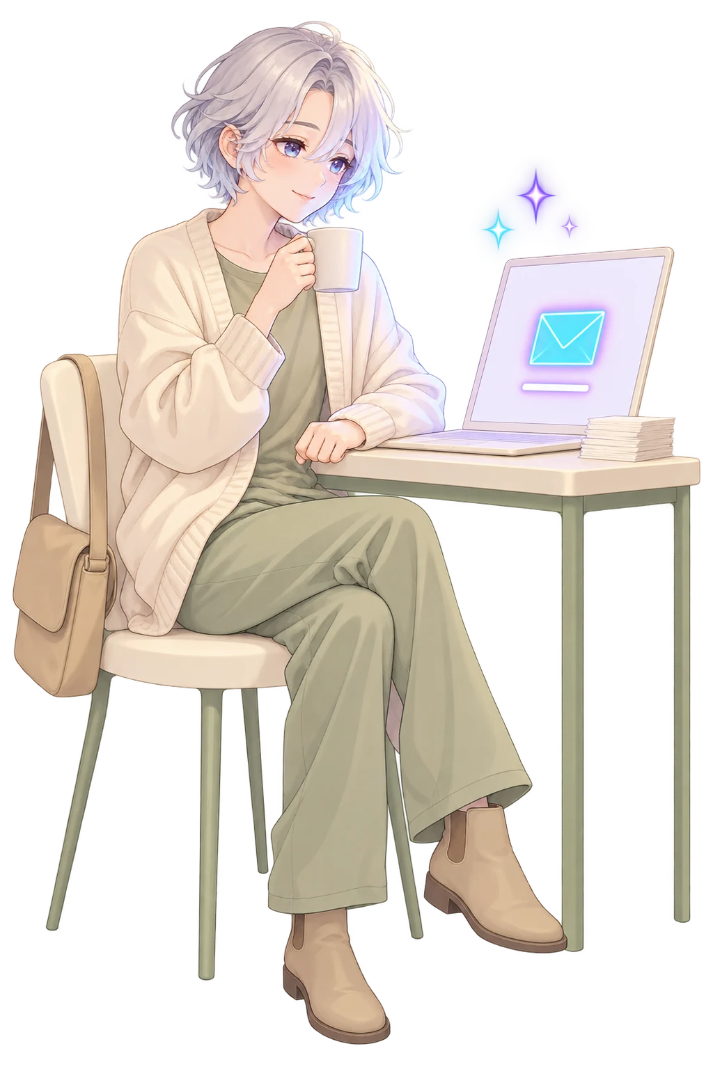 A small-business owner at a small desk, mug in hand, looking at a laptop whose screen shows one blank envelope, a small stack of receipts beside it.