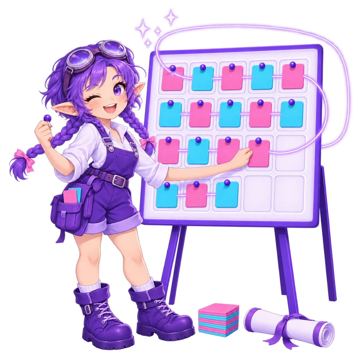 The FableForge queue-keeper pinning pink and cyan post cards onto a calendar board, a glowing thread linking the cards and looping from the last one back up to the first.