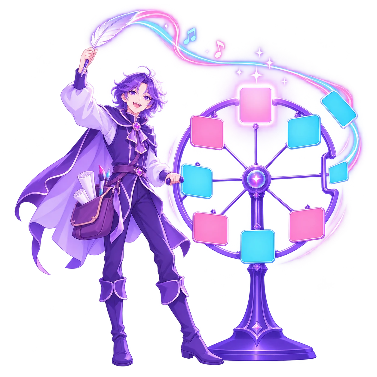 The FableForge designer turning a tall wheel of pink and cyan post cards by its handle, the top card glowing brightest, his quill’s ribbon of light delivering a fresh card into the ring.