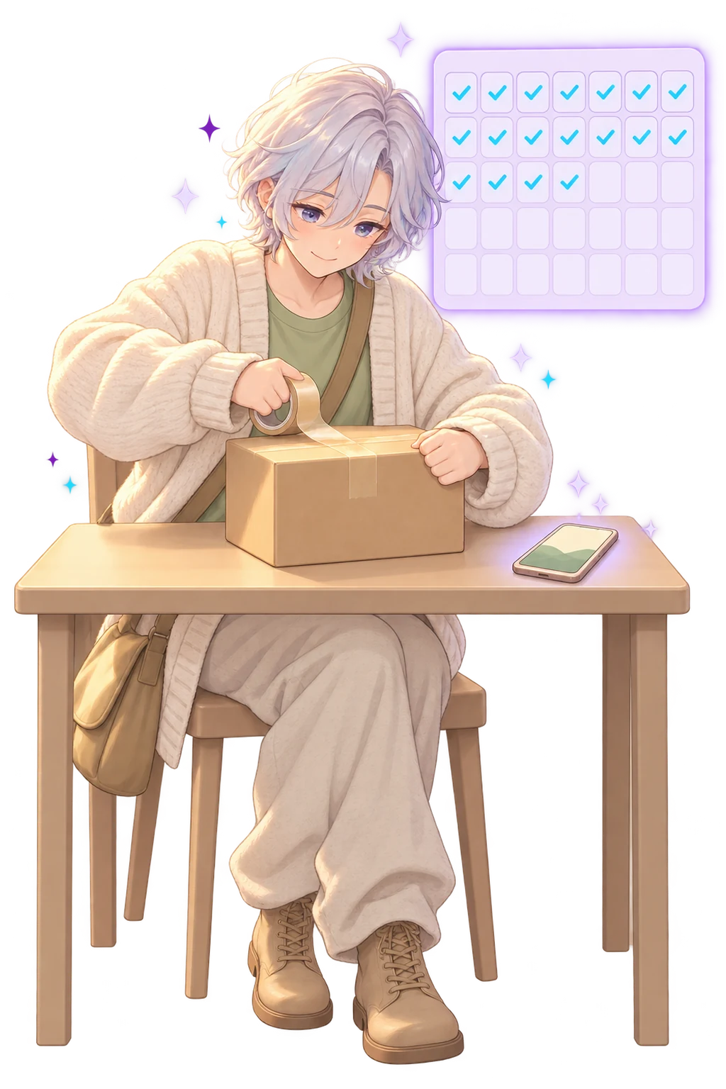 A small-business owner taping a parcel shut at a desk, a wall calendar behind them with cyan ticks on the first few weeks and blank days after, a phone face-up beside the parcel showing one photo of a green hill.