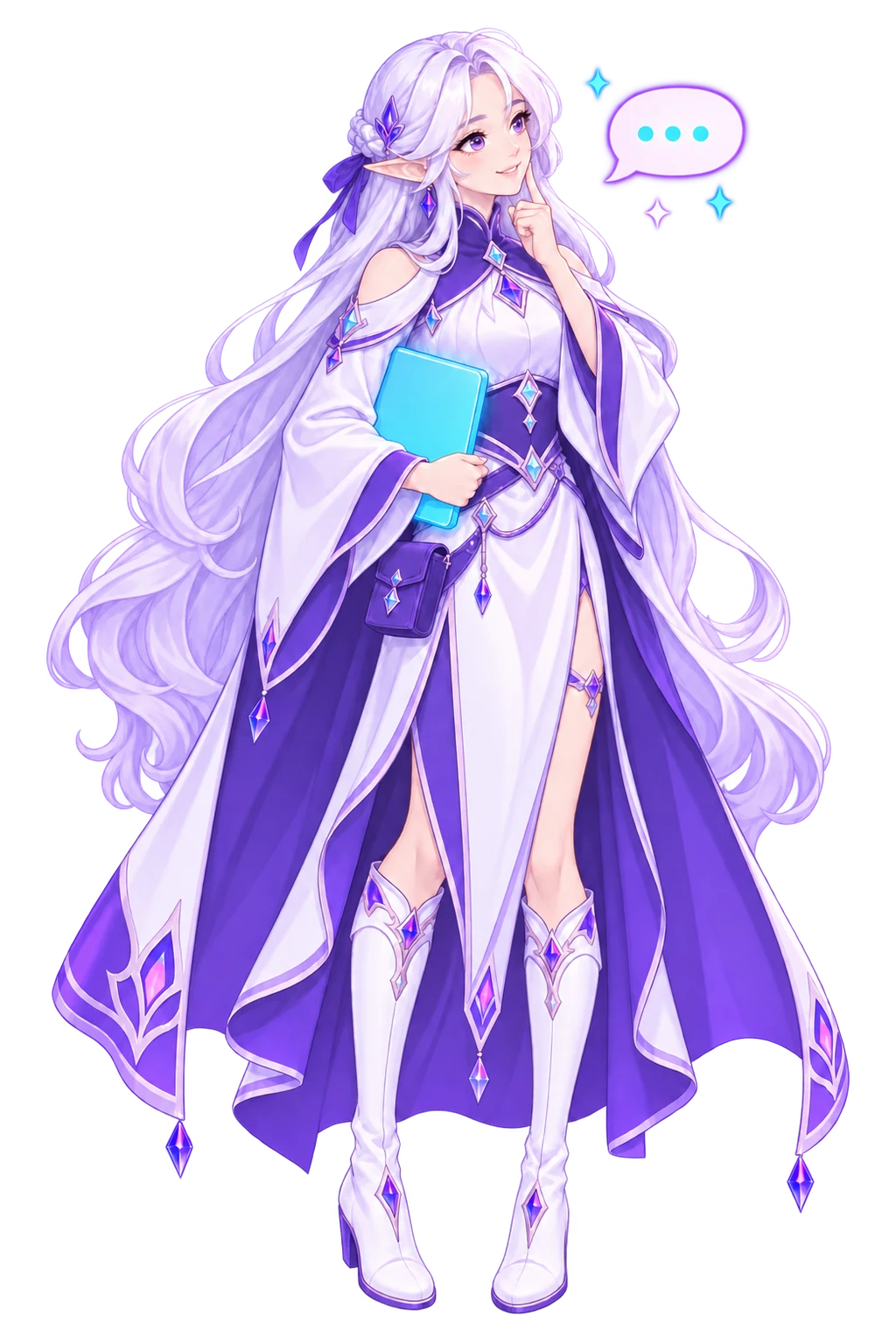 The FableForge client manager with her tablet under one arm and a hand at her chin, listening to a small floating speech bubble.