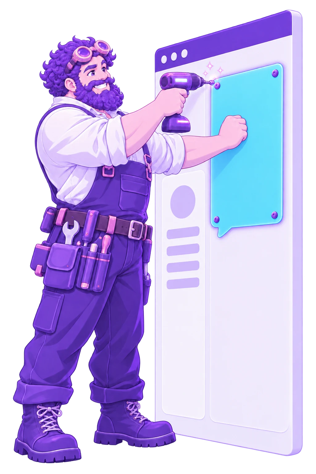 The FableForge builder drilling a glowing cyan speech-bubble card onto a tall website panel, right beside a blank profile card with a portrait disc and four bars.