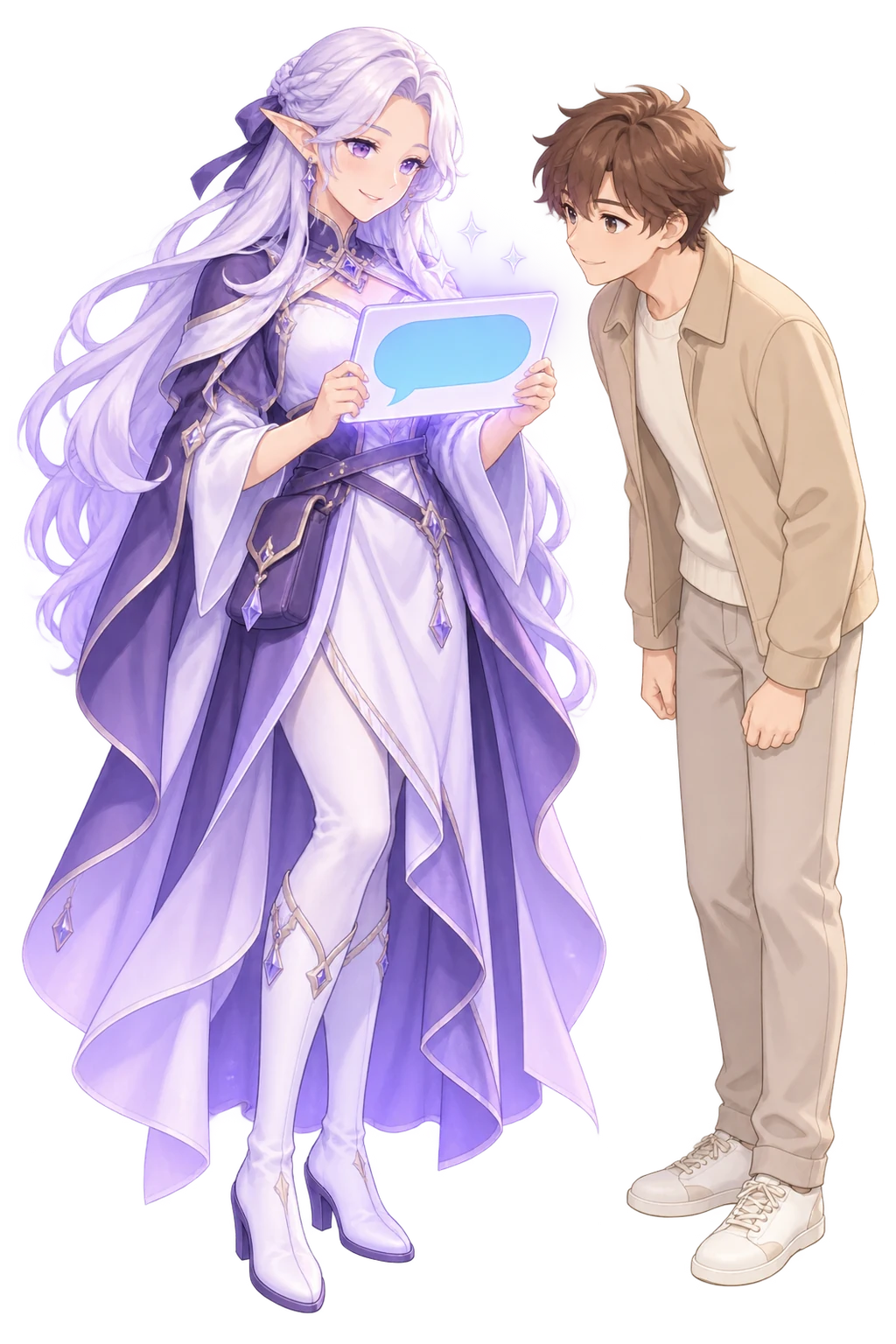 The FableForge client manager holding her tablet out in both hands, a single cyan speech bubble on its screen, while a young man in a sand jacket leans in to read it.