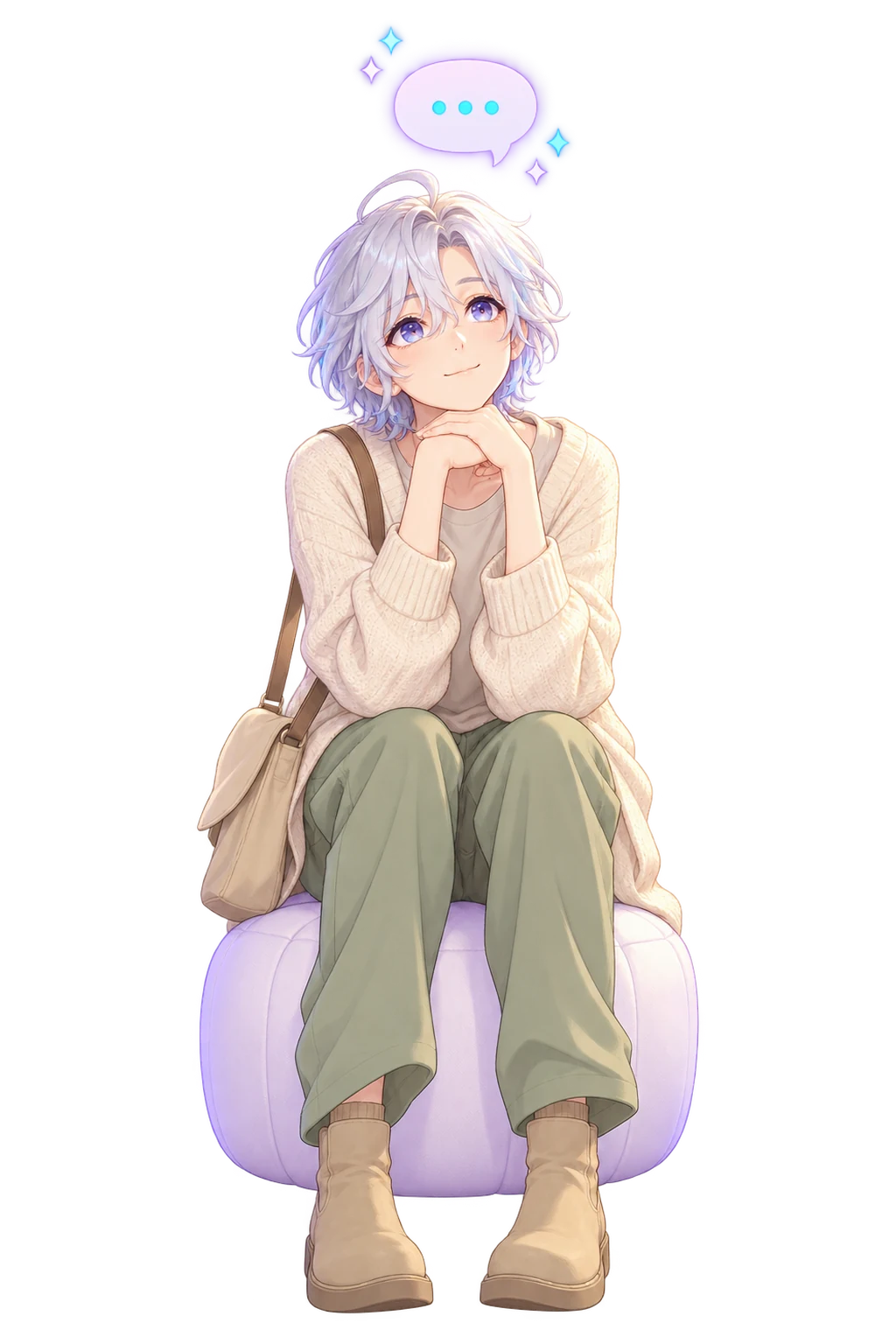 A small-business owner in a cream cardigan sitting on a low cushion, chin resting on their hands, looking up at a small floating speech bubble.
