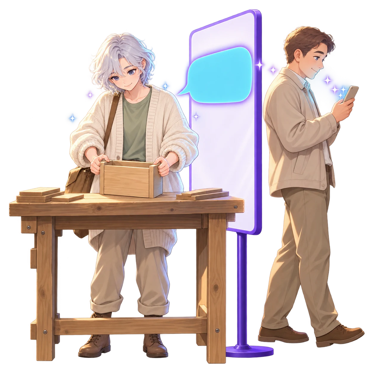 A small-business owner fitting a small wooden box together at a workbench, a glowing panel behind them carrying one blank cyan speech bubble, and a passer-by on the far side of it reading a phone.