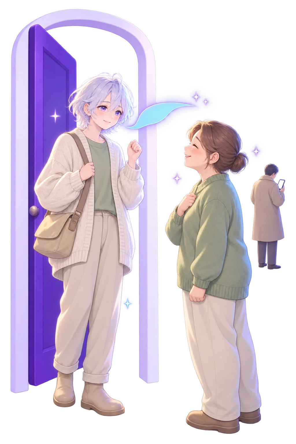 A small-business owner in a doorway giving a small wave of thanks to a customer in a sage jumper, one cyan ribbon of light fading in the air between them, while a stranger in the distance reads a phone.