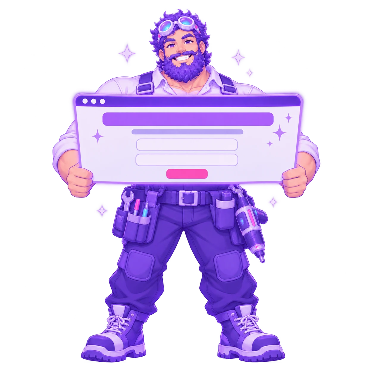 The FableForge builder holding up a wide browser-window panel showing a homepage: a violet headline bar, a short line beneath it, two blank form fields and a pink button.