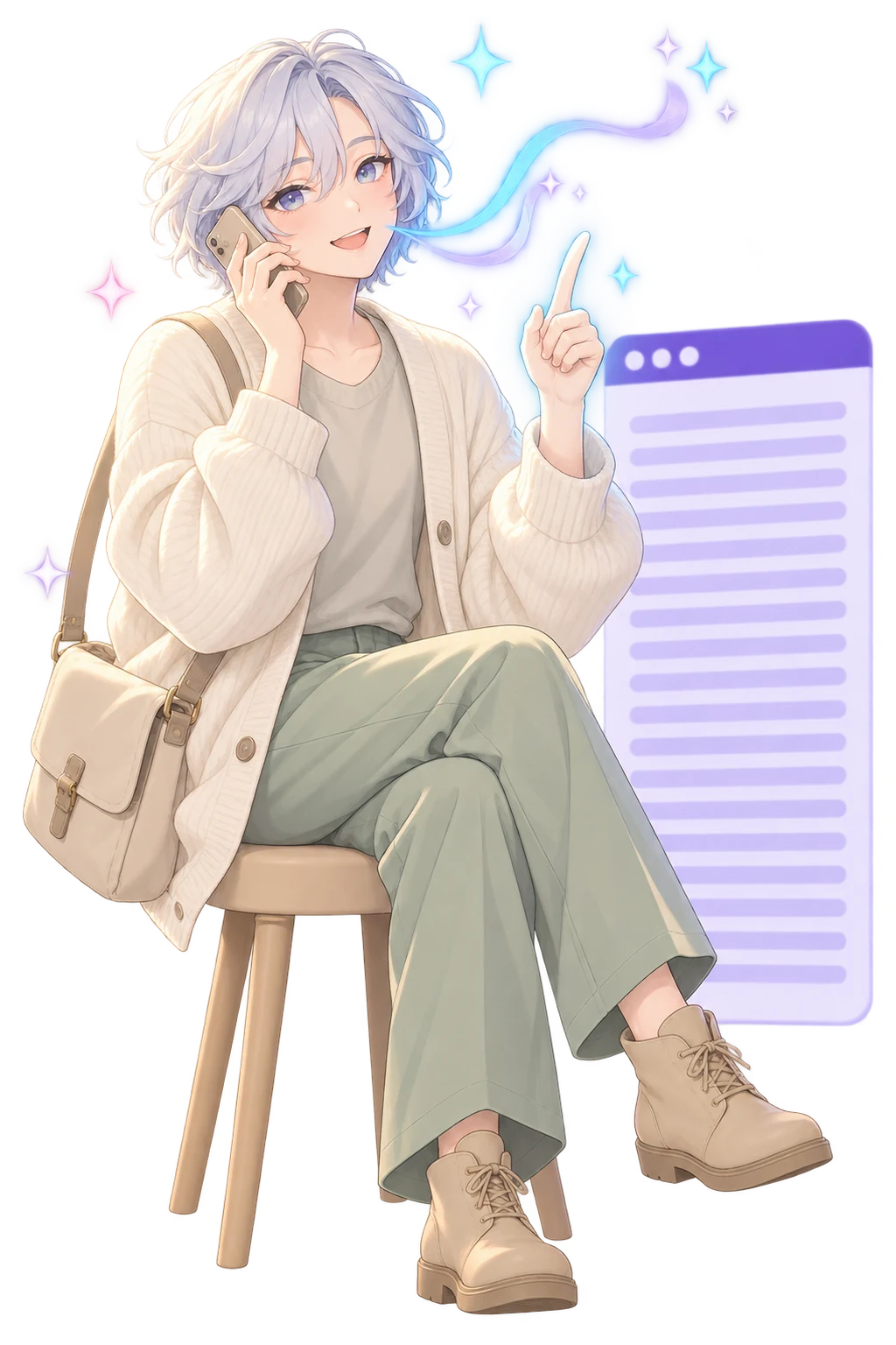 A small-business owner sitting on a stool on a phone call, one finger raised, two ribbons of light rising from their words, while a faded browser window behind them shows a long block of paragraph bars.