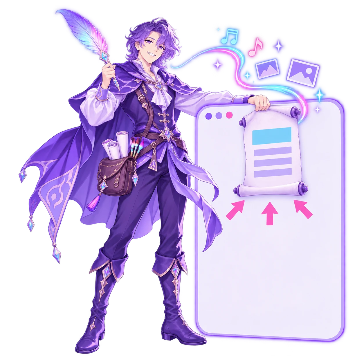 The FableForge designer pinning one blank scroll onto a large browser-window panel, three pink arrows on the panel pointing at it.