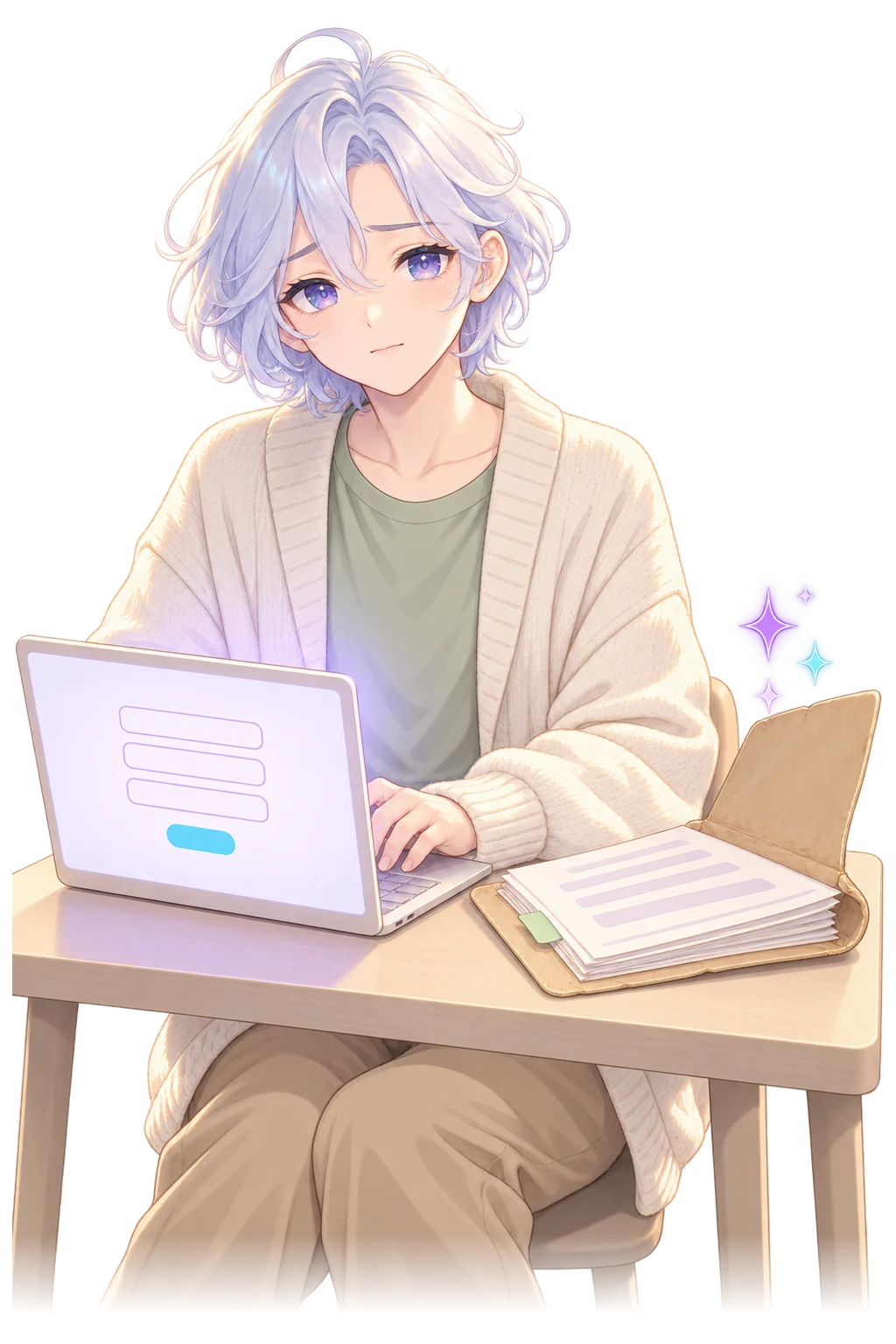 A small-business owner typing into an empty three-field form on a laptop, a thick, well-worn client folder lying open beside it.