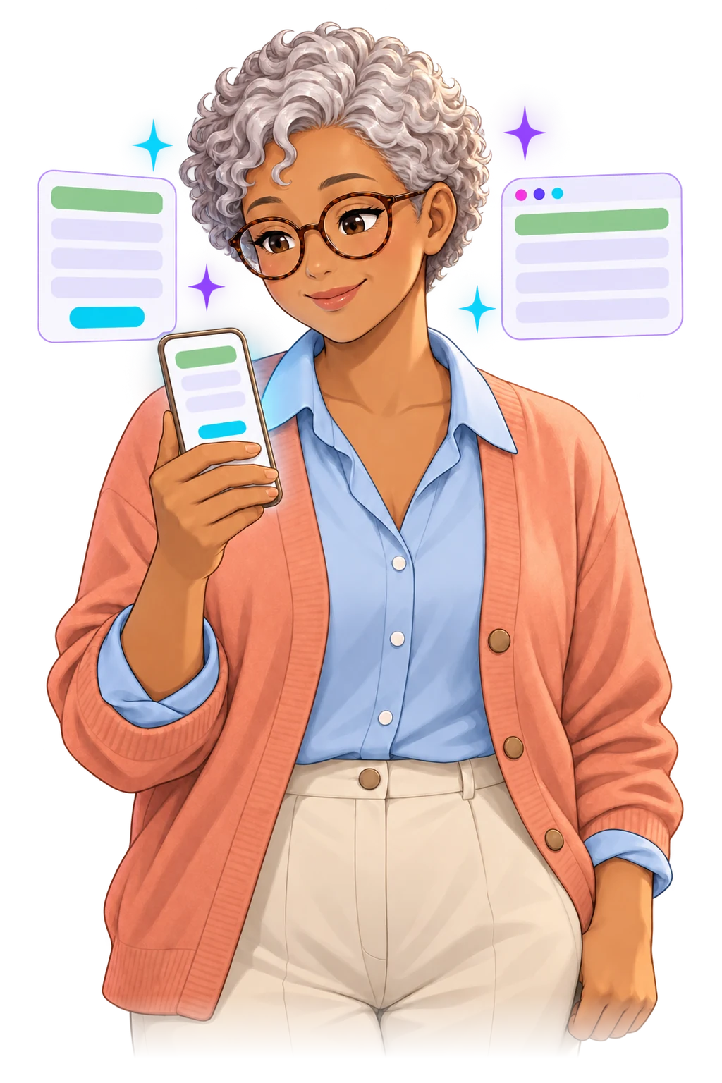 A customer with silver curls and round glasses reading an estimate on their phone, a confirmation email and a website tab floating behind them in the same colours.