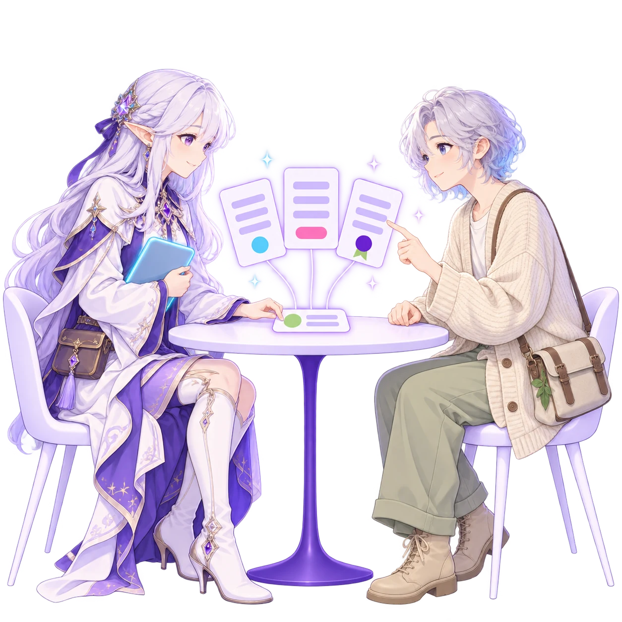 The FableForge client manager and a small-business owner at a table with one glowing client card between them, an estimate, an invoice and a contract fanning out of it.