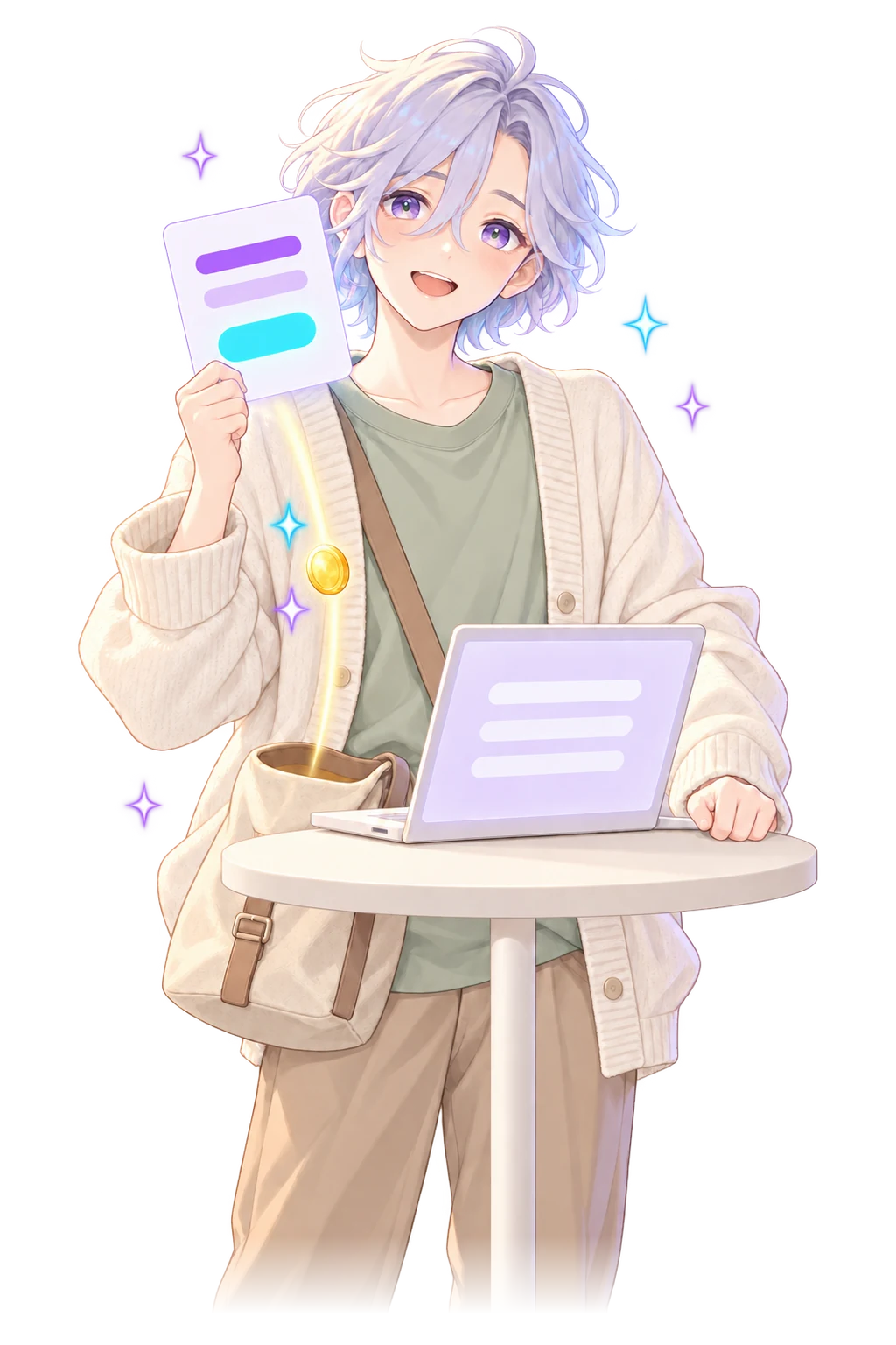 A small-business owner behind a small table with a laptop, holding up one small page with a single glowing button on it, a coin of light dropping into their satchel.