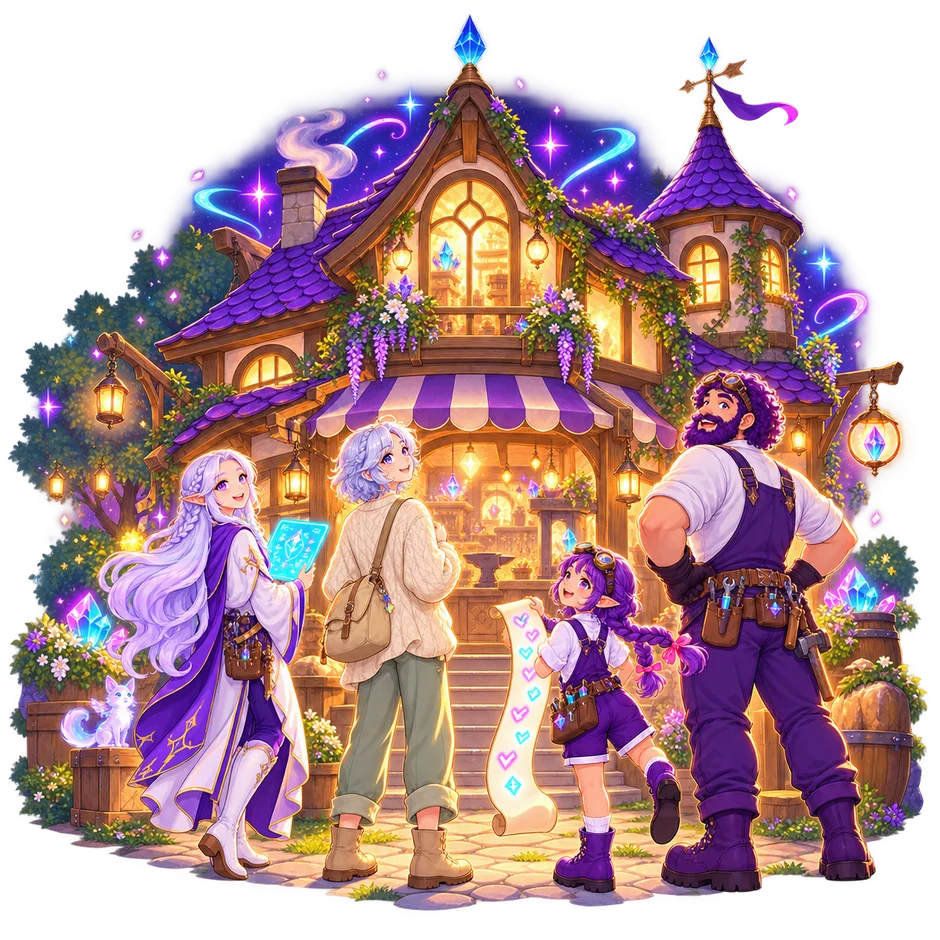 Illustration of a small-business owner in a cream cardigan standing with the FableForge client manager, queue-keeper and builder outside a lit-up violet-roofed shop, finished and open.