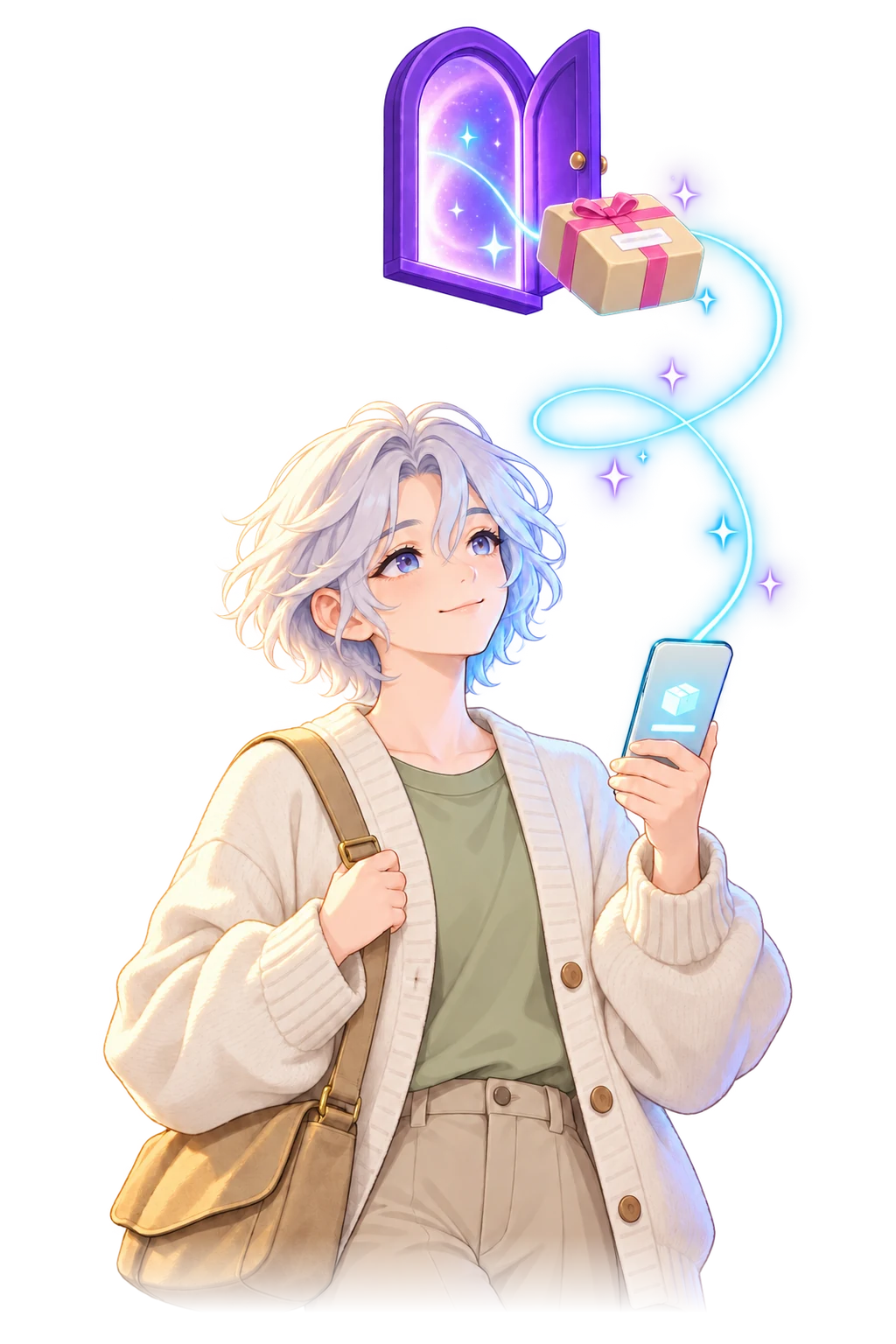 A small-business owner watching their phone as one ribbon-tied parcel leaves a glowing doorway above them, a cyan tracking ribbon curling from the parcel down to the phone screen.