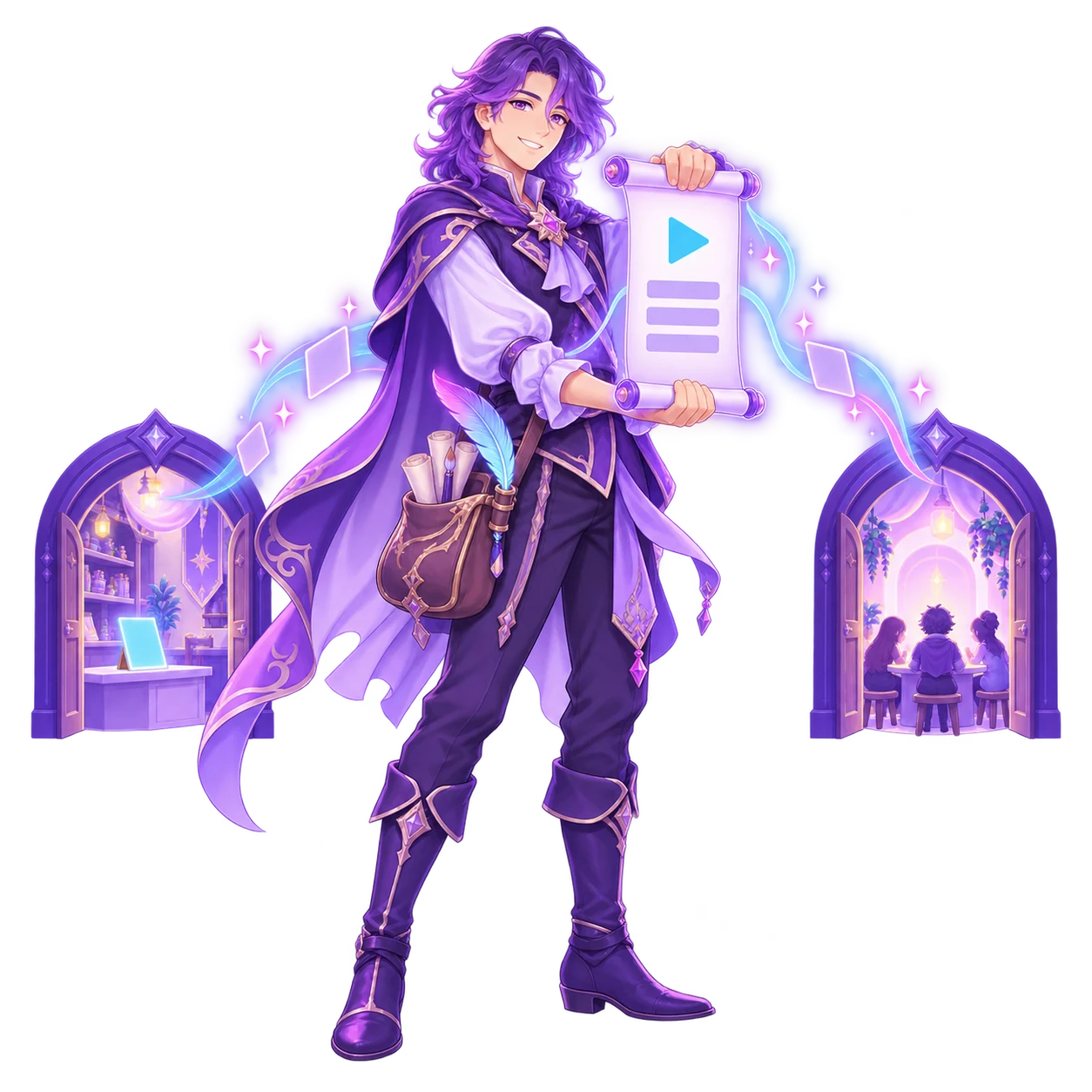The FableForge designer holding up one glowing lesson scroll with a play triangle on it, its light reaching two small doorways behind him: a shop counter on one side and a warm room with a few people at a table on the other.