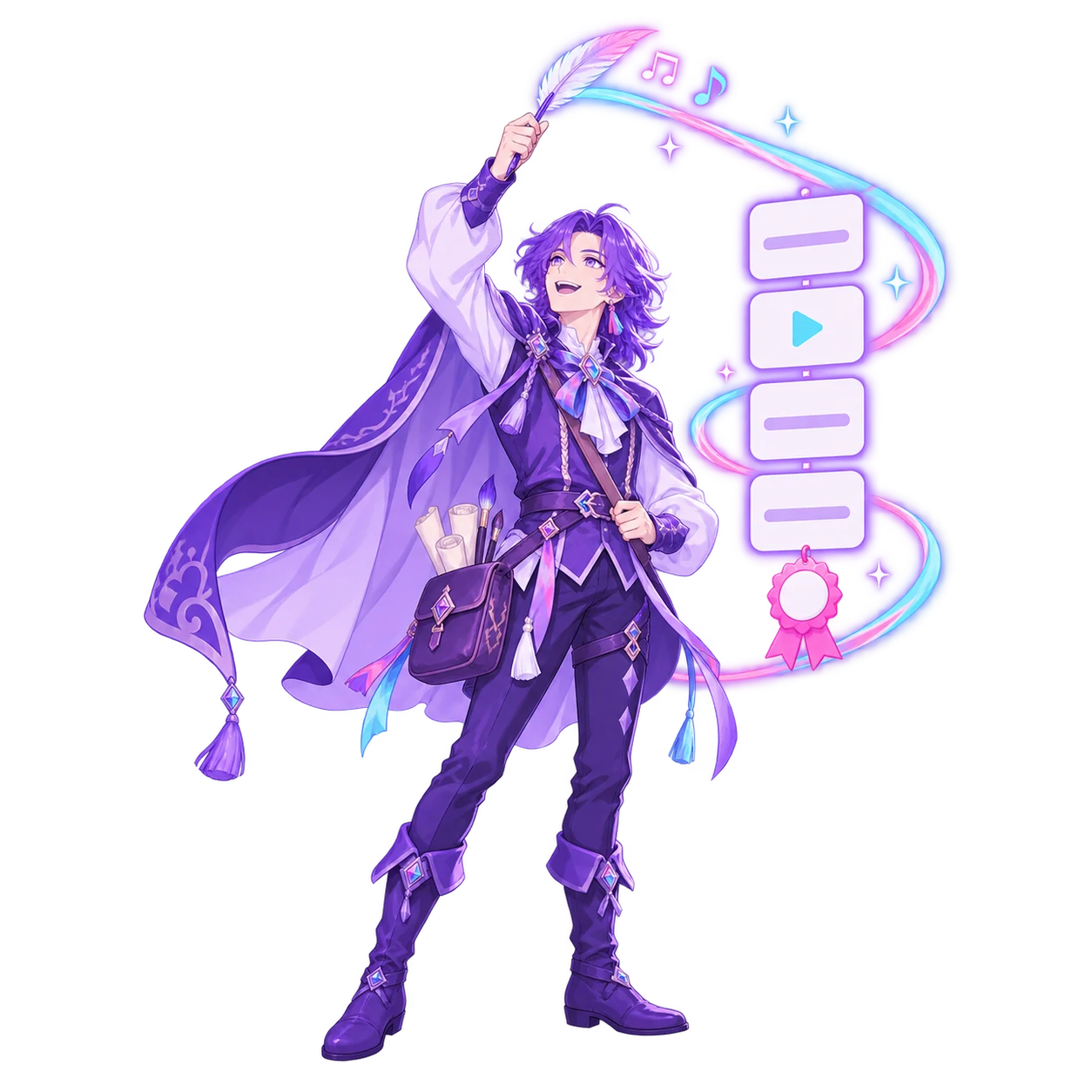 The FableForge designer raising a glowing quill, its ribbon of light carrying one course: four lesson cards in a column, one with a play triangle, and a small pink certificate ribbon at the foot.