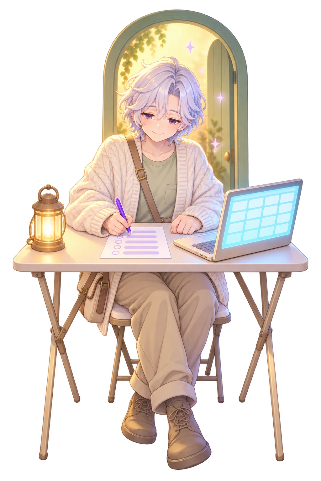 A small-business owner at a folding table beside a lit doorway in the evening, pen over a printed list of blank lines, a laptop with an empty spreadsheet open beside it, a lantern on the table corner.