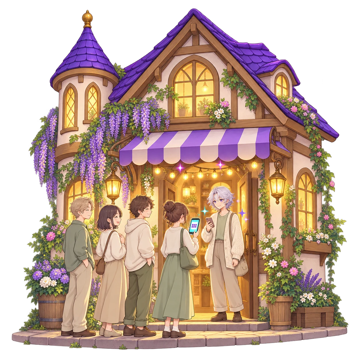 A small cream-and-violet shop building at dusk, string lights across its open door, a small-business owner in the doorway holding up a phone to the glowing ticket on an arriving guest's phone, three more people waiting in a short line behind.
