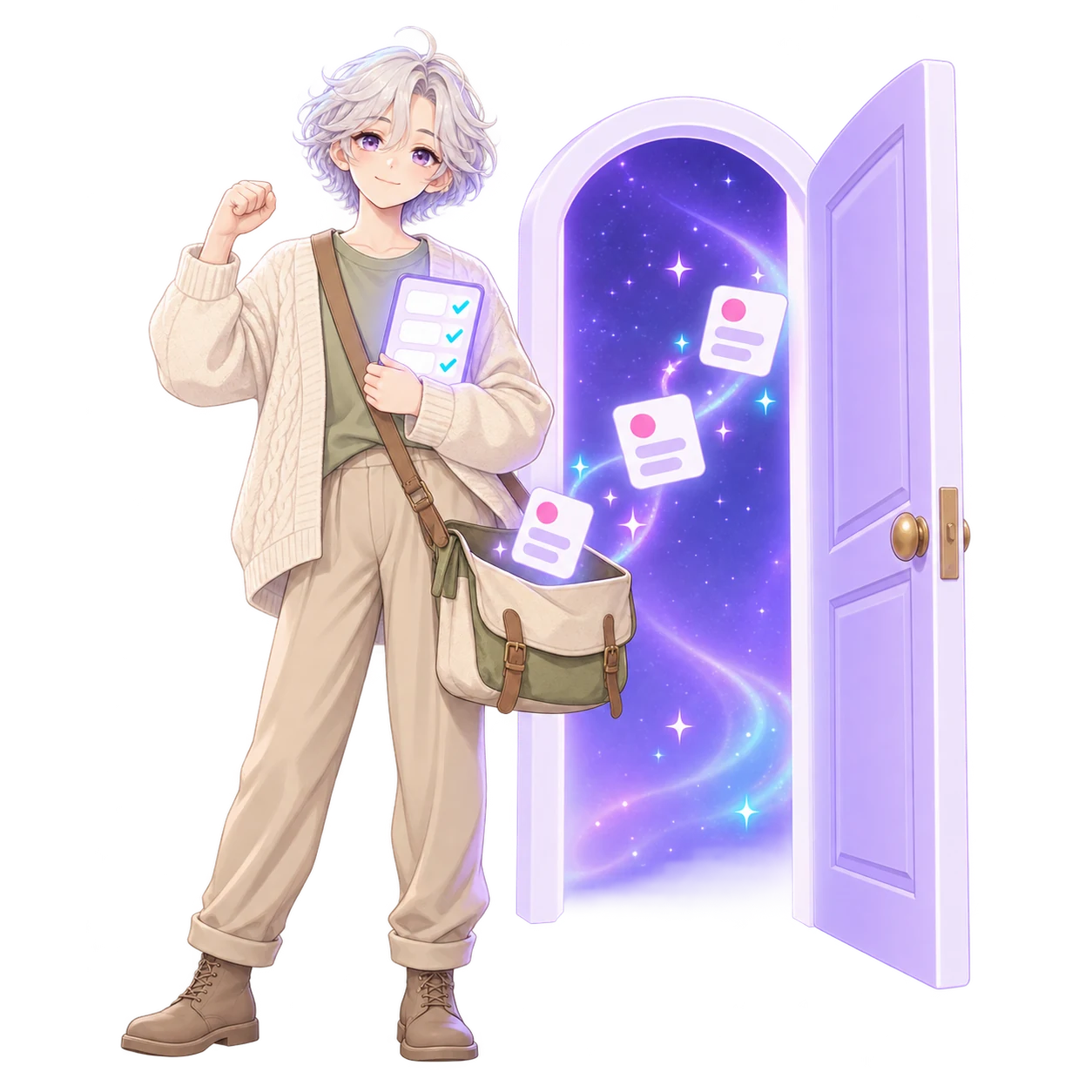 A small-business owner in a cream cardigan waving beside an open doorway, holding a check-in tablet, three contact cards drifting from the door into their open satchel.