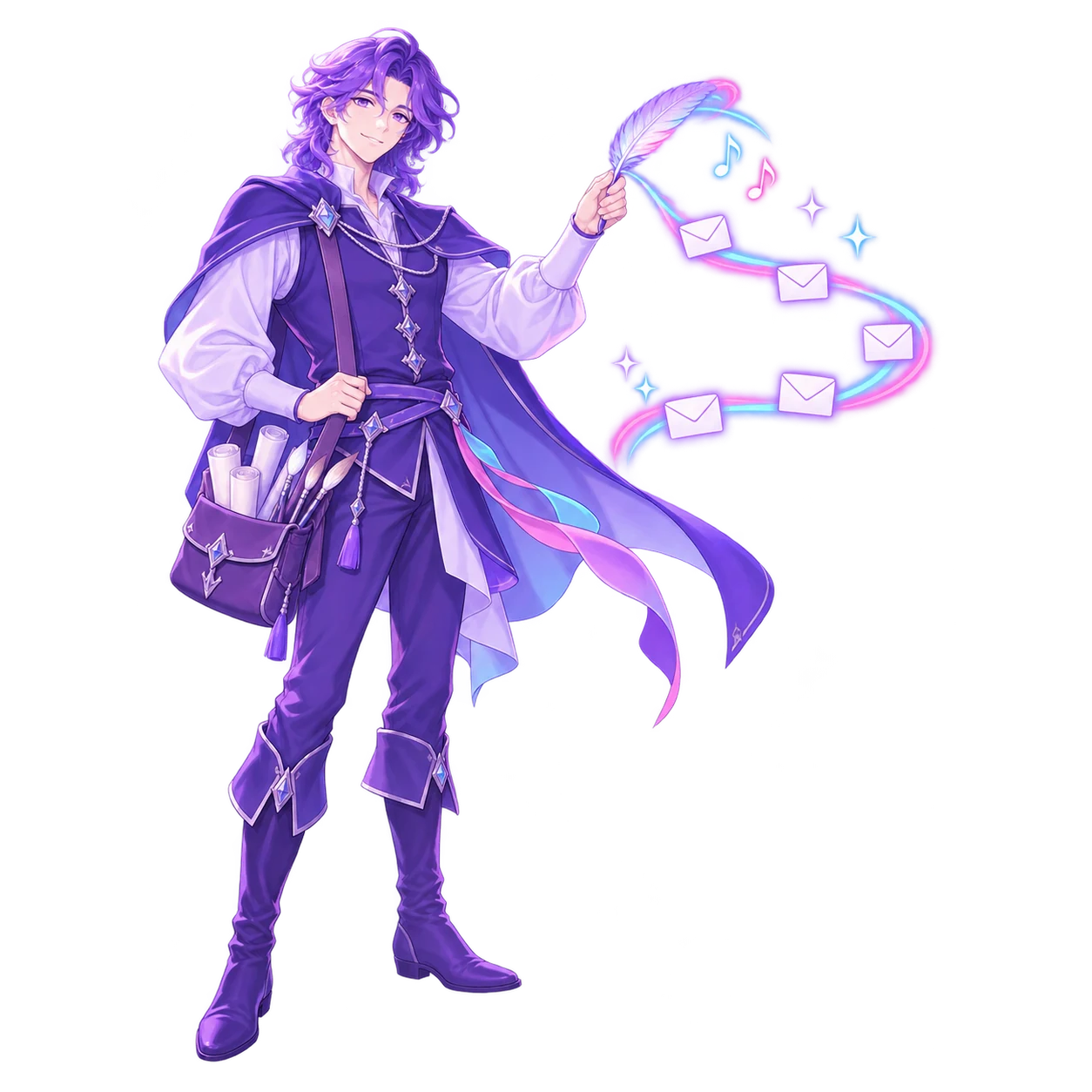 The FableForge designer holding a glowing quill, a single ribbon of light from its tip carrying five small envelopes in a row.