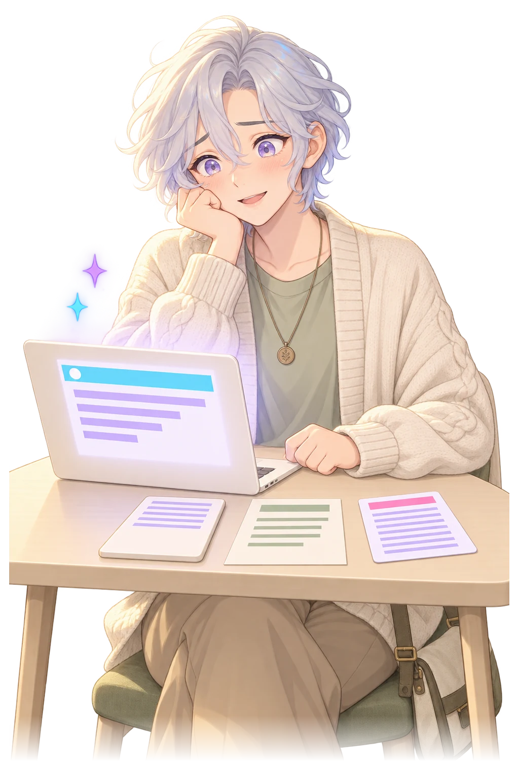 A small-business owner at a desk reading one email on their laptop, chin resting on one hand, with a half-written ebook, a page of notes, and a finished document lying side by side beside it.